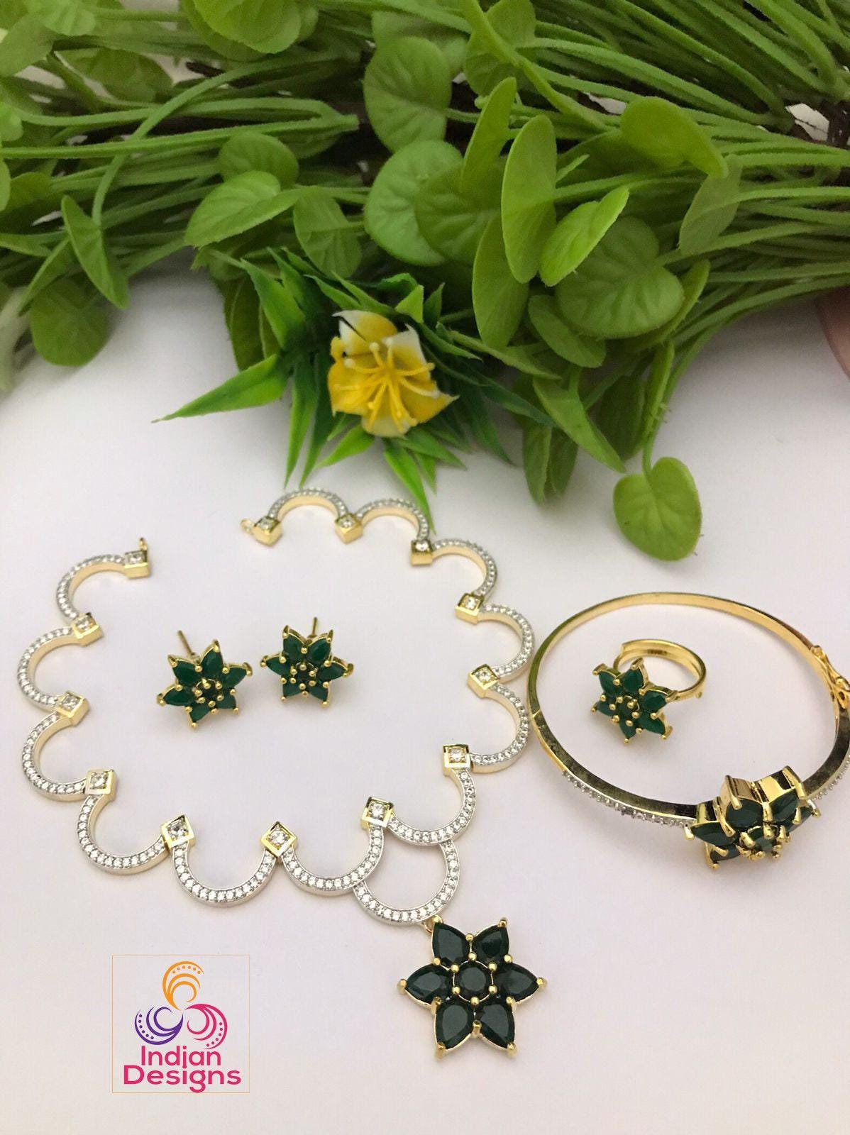 Jewelry Gifts for Her|American Diamond Necklace, earrings, Ring and Bracelet Combo |Minimalist Jewelry set|Gold Plated CZ necklace bracelet