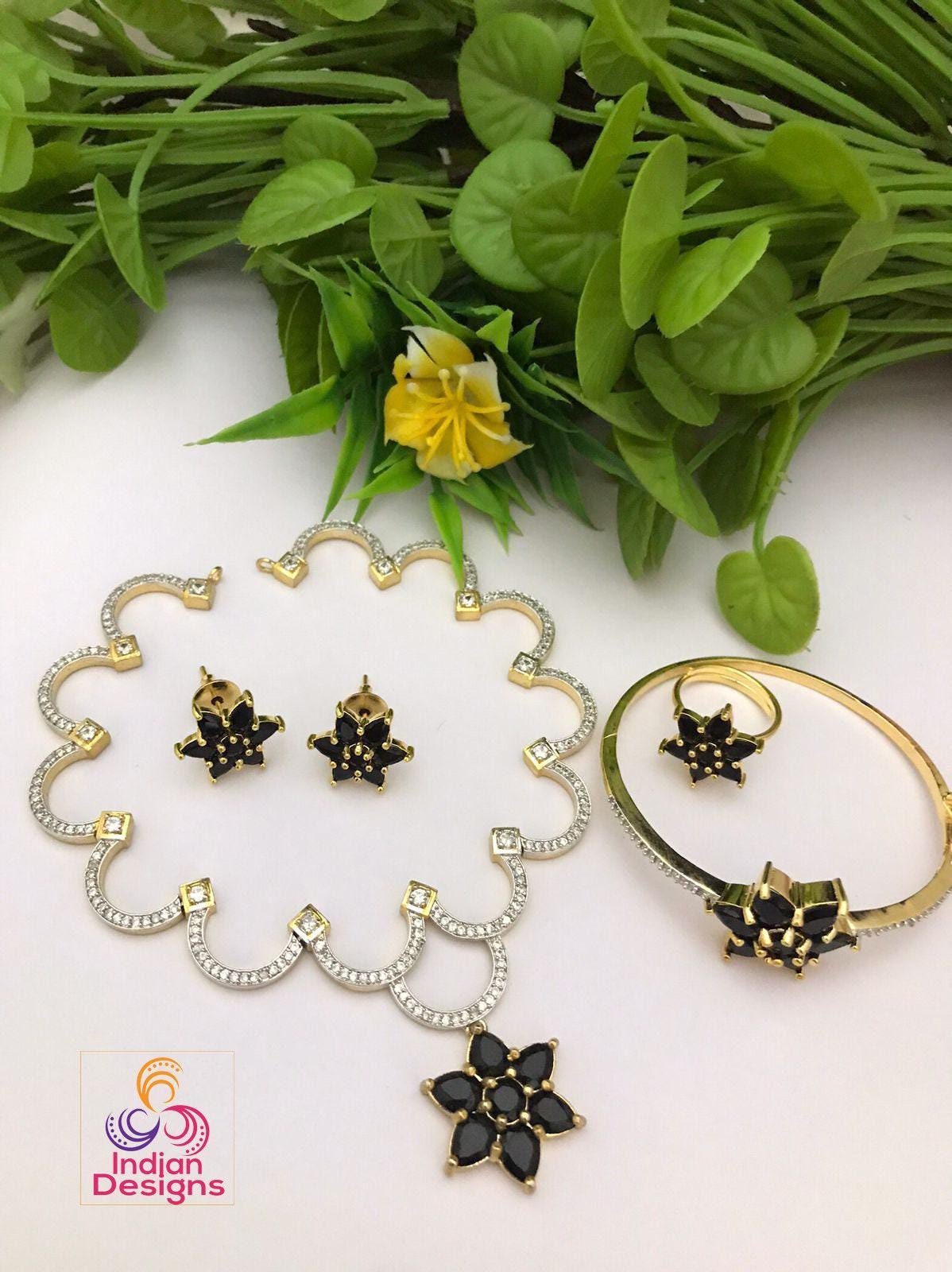 Jewelry Gifts for Her|American Diamond Necklace, earrings, Ring and Bracelet Combo |Minimalist Jewelry set|Gold Plated CZ necklace bracelet