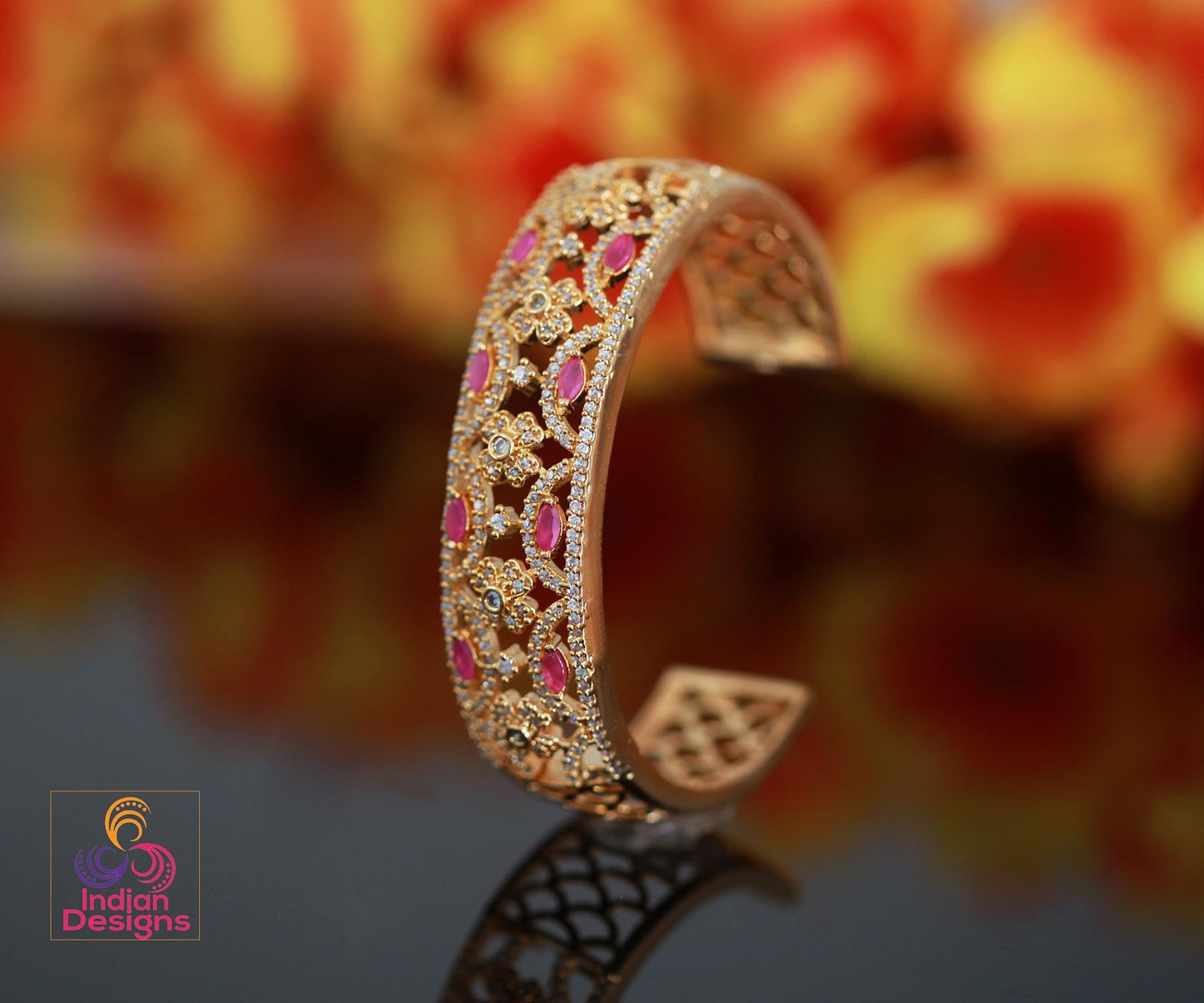 Gold-Plated Open Cuff Bangle with Floral and Ruby Accents| Filigree Design Women’s Bracelet| Statement Fashion Bangle| Luxury CZ Gold Bangle