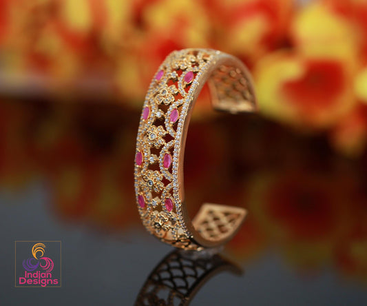 Gold-Plated Open Cuff Bangle with Floral and Ruby Accents| Filigree Design Women’s Bracelet| Statement Fashion Bangle| Luxury CZ Gold Bangle