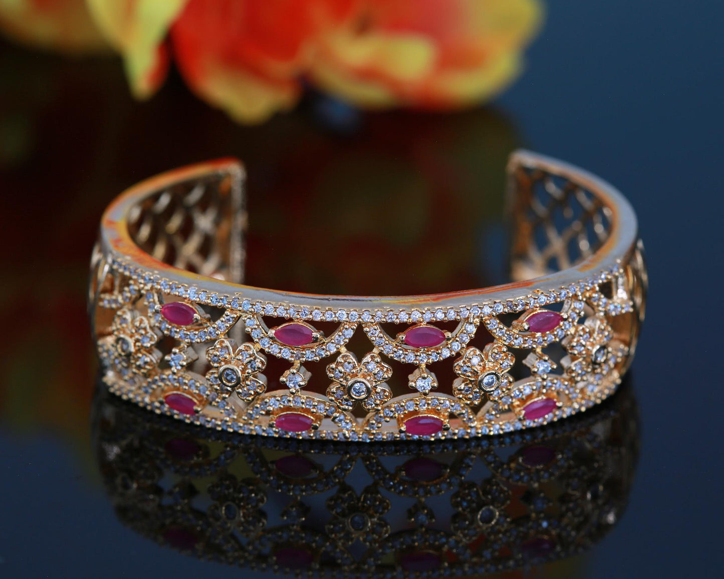 Gold-Plated Open Cuff Bangle with Floral and Ruby Accents| Filigree Design Women’s Bracelet| Statement Fashion Bangle| Luxury CZ Gold Bangle