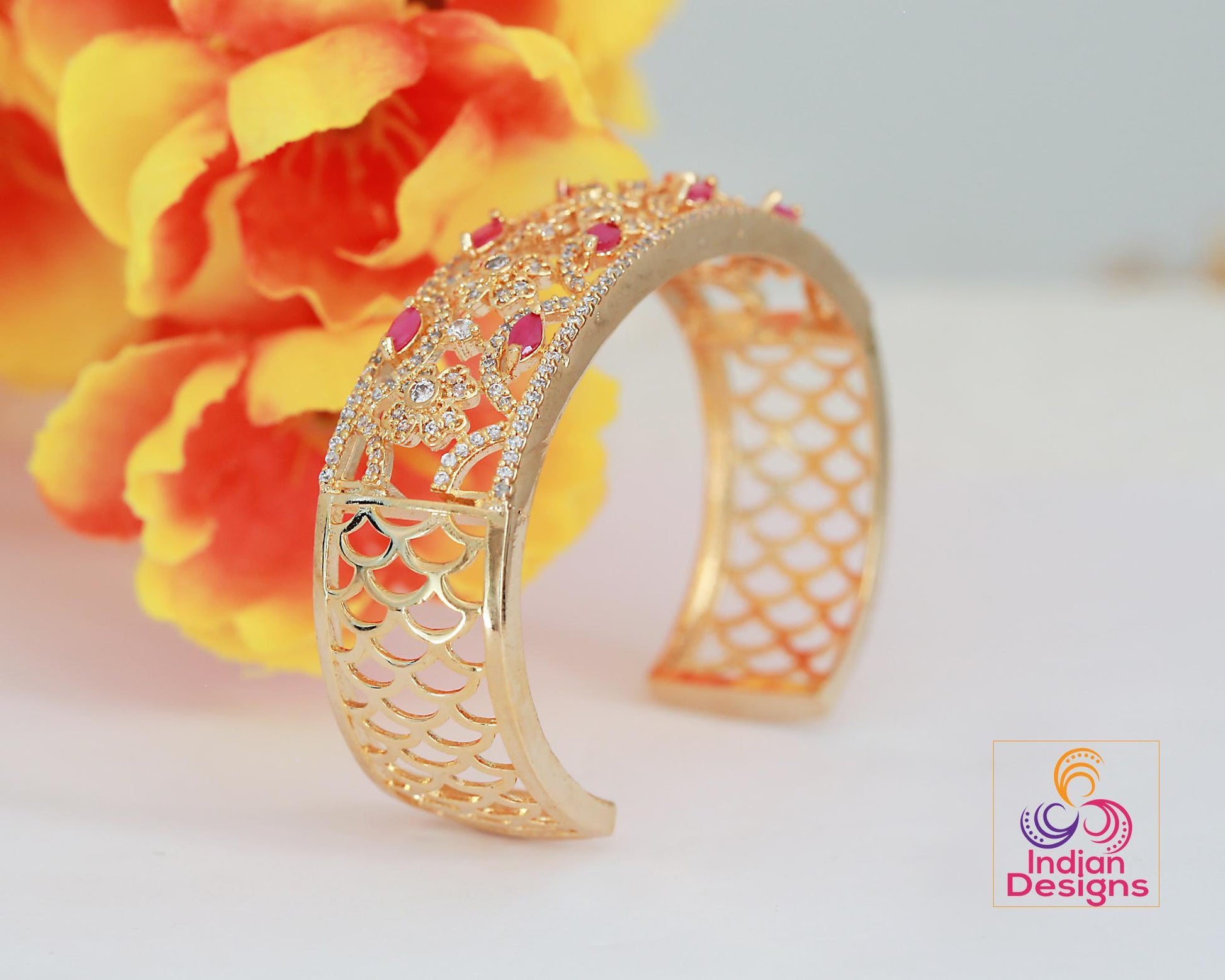 Gold-Plated Open Cuff Bangle with Floral and Ruby Accents| Filigree Design Women’s Bracelet| Statement Fashion Bangle| Luxury CZ Gold Bangle
