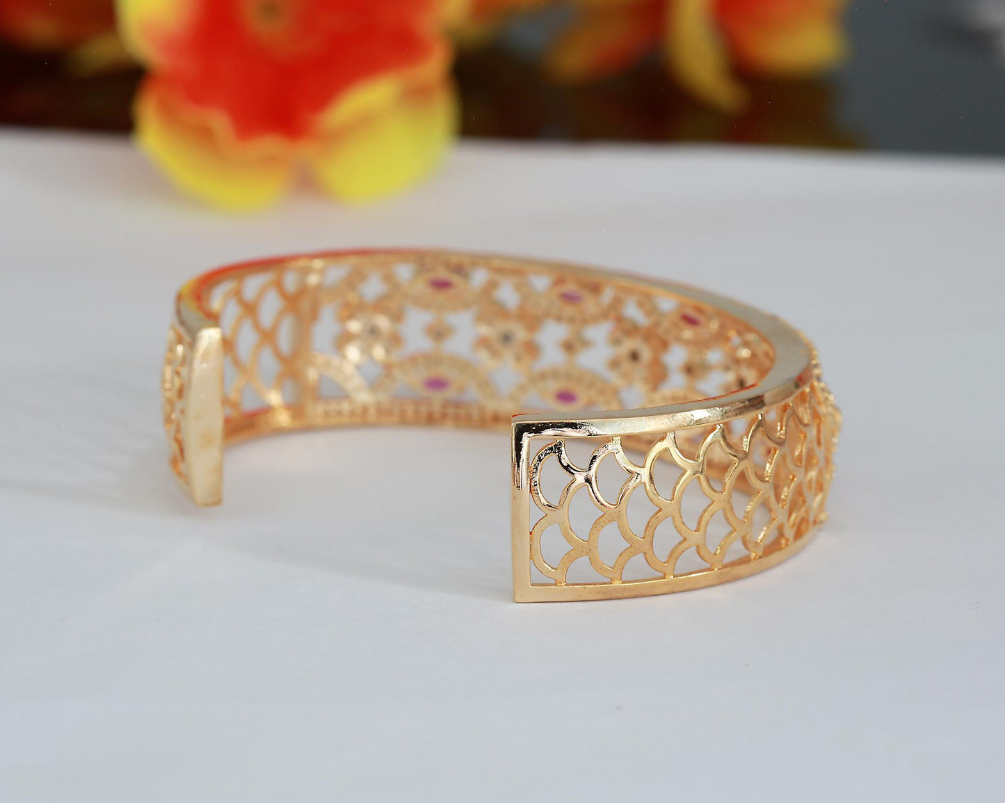 Gold-Plated Open Cuff Bangle with Floral and Ruby Accents| Filigree Design Women’s Bracelet| Statement Fashion Bangle| Luxury CZ Gold Bangle