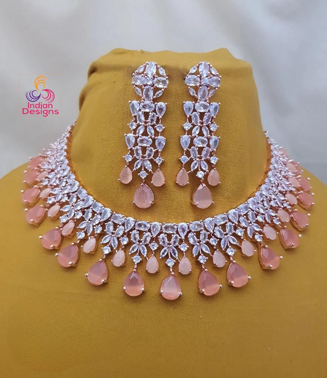 Rose gold Emerald Green American Diamond necklace|High Quality Cz Diamonds Mint Green stone Necklace Earrings Set|Indian WeddingJewelry| Gif