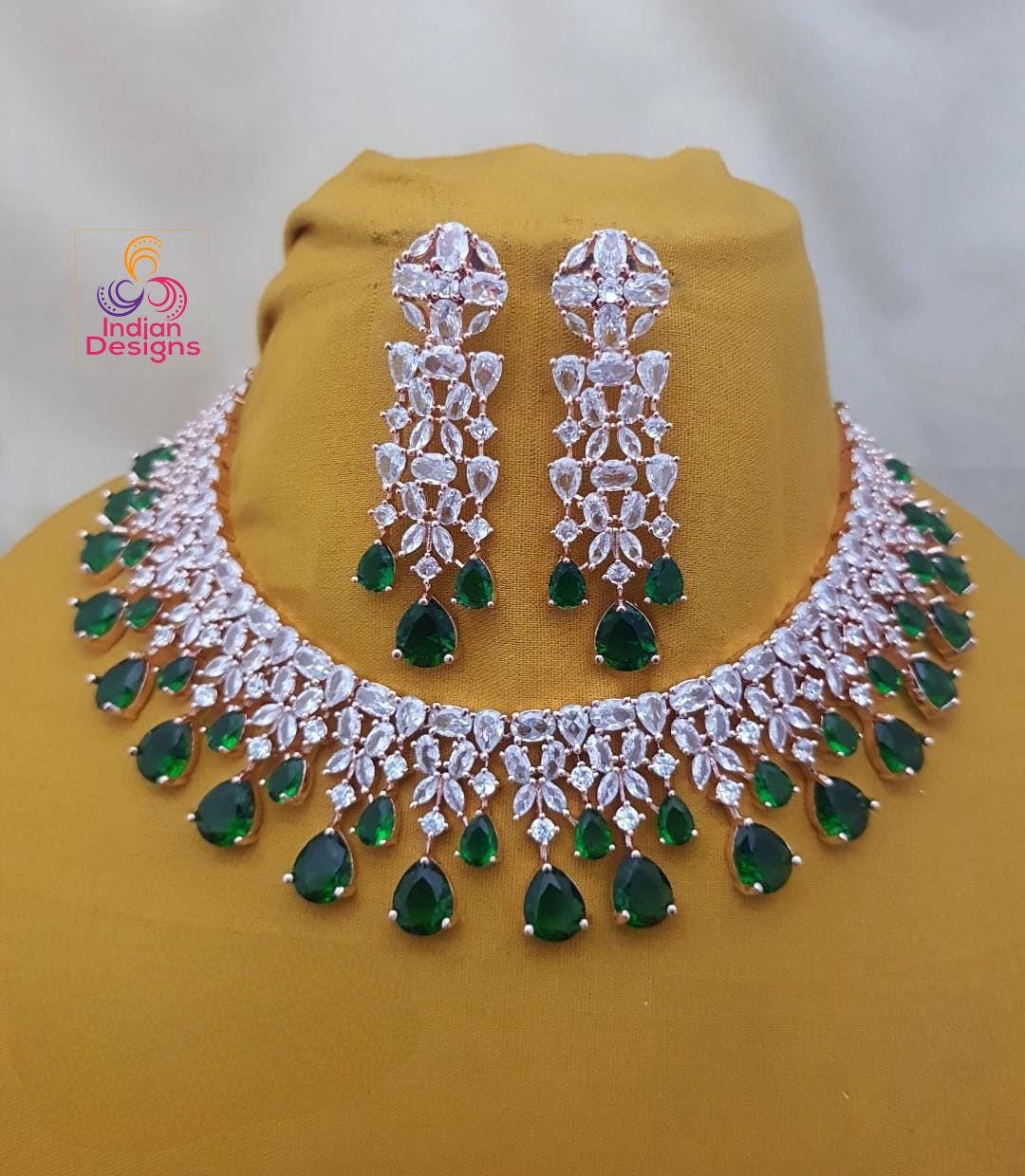 Rose gold Emerald Green American Diamond necklace|High Quality Cz Diamonds Mint Green stone Necklace Earrings Set|Indian WeddingJewelry| Gif