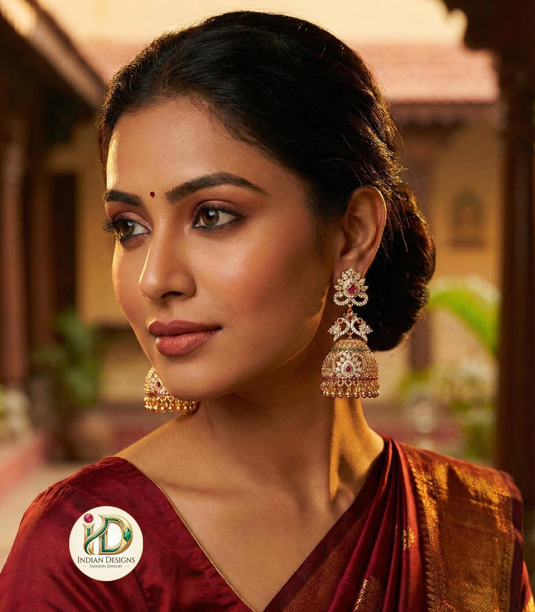 Gold Plated AD stone Big Jhumka Earrings | Latest Designs American Diamond Emerald Ruby stone Jhumka Jhumki| Gift for her