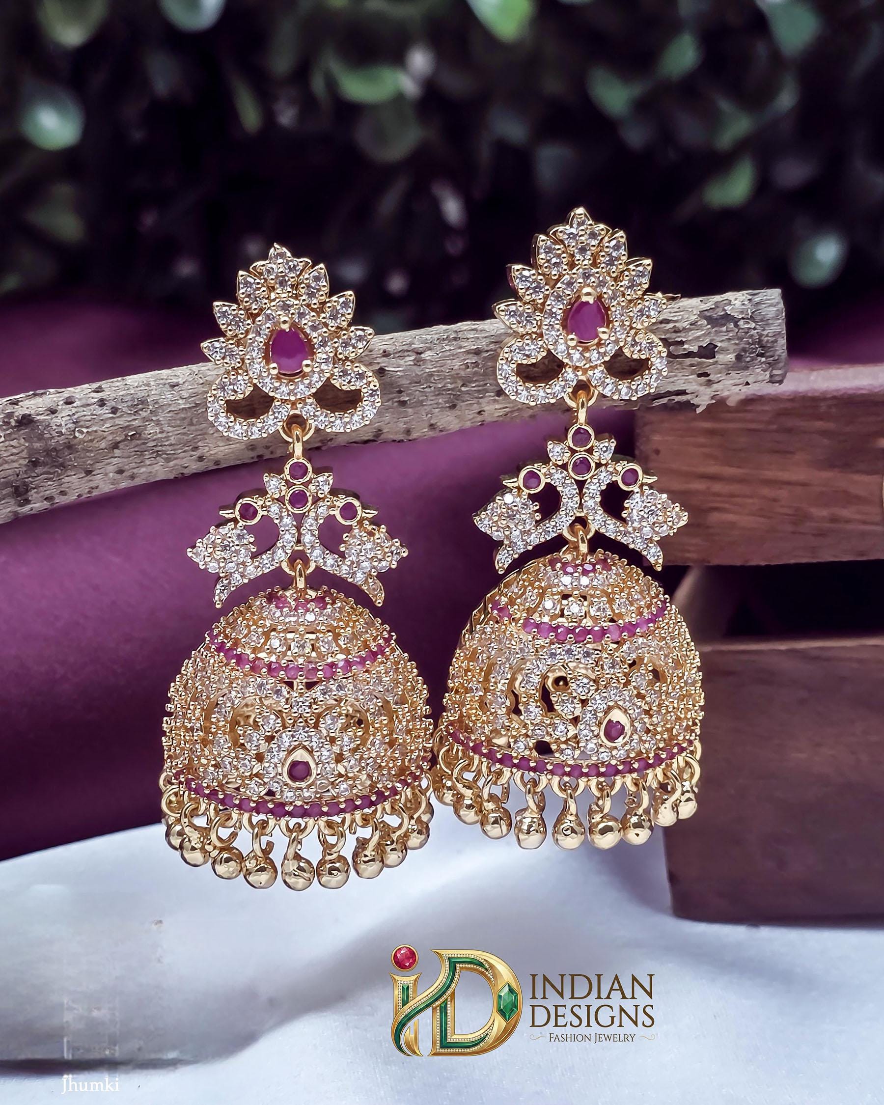 Gold Plated AD stone Big Jhumka Earrings | Latest Designs American Diamond Emerald Ruby stone Jhumka Jhumki| Gift for her