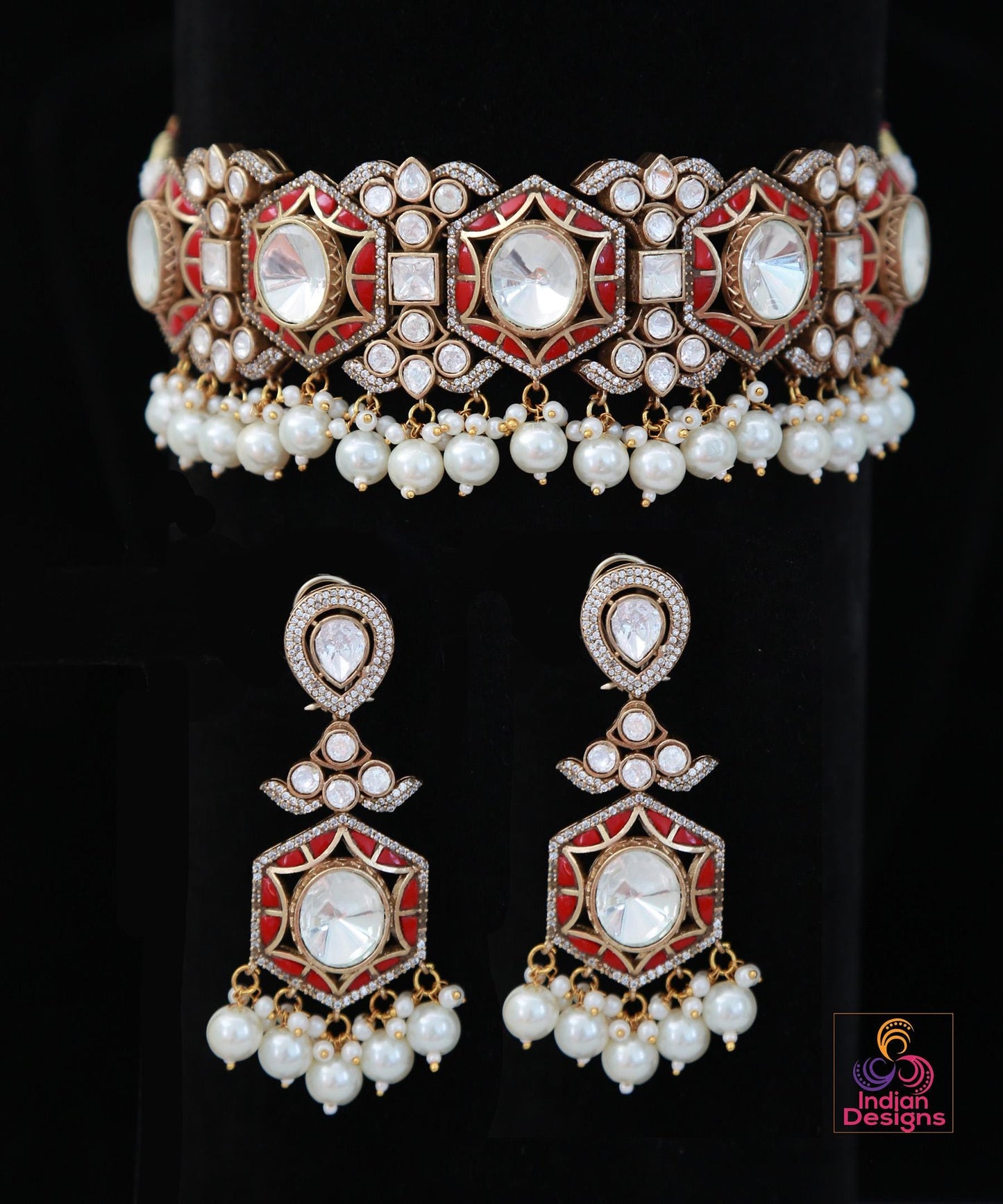 Victorian Finish AD choker Earrings set| Statement Wedding choker Necklace| American Diamond Bridal jewelry|Cz Diamond Necklace|Gift for her