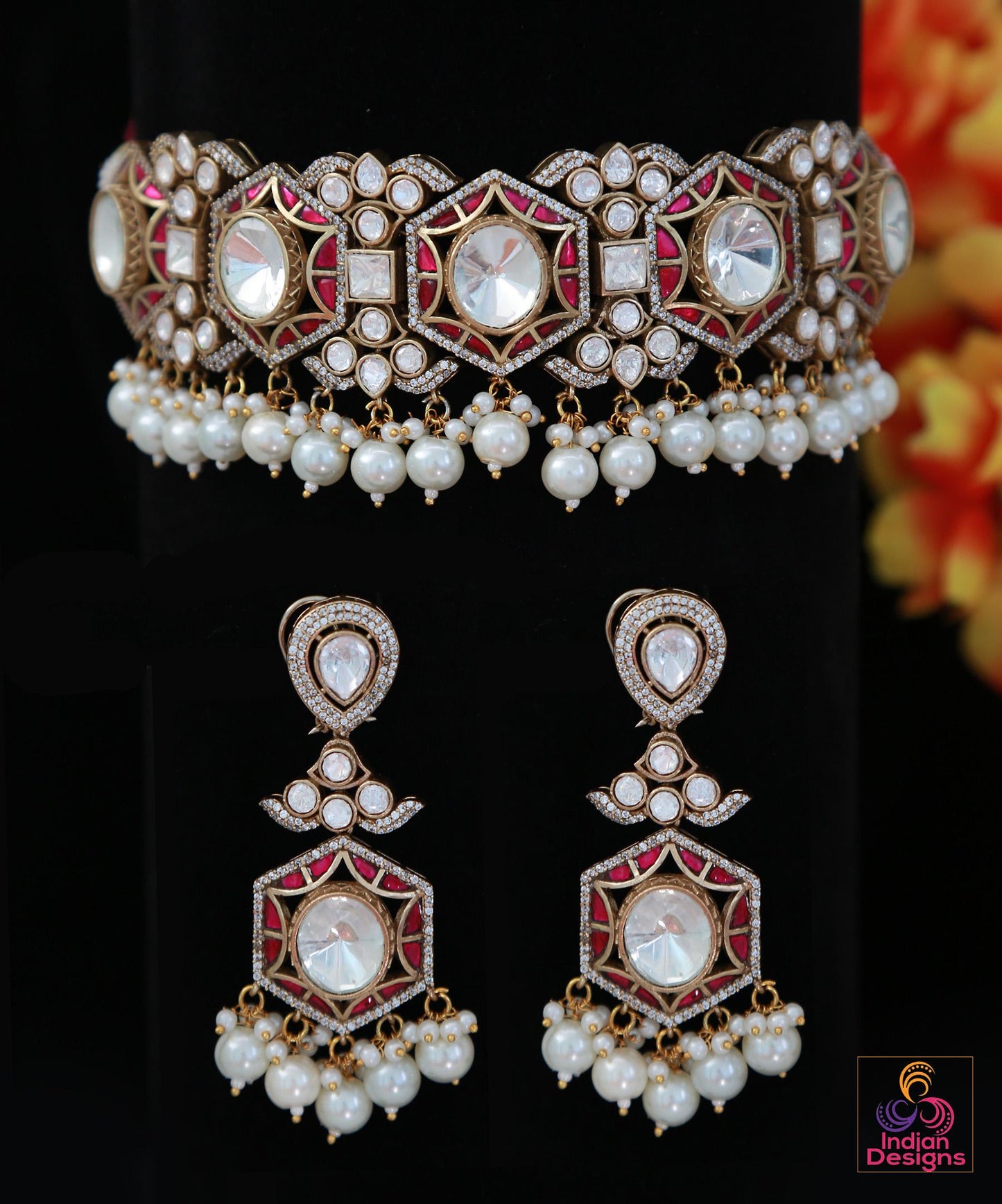 Victorian Finish AD choker Earrings set| Statement Wedding choker Necklace| American Diamond Bridal jewelry|Cz Diamond Necklace|Gift for her