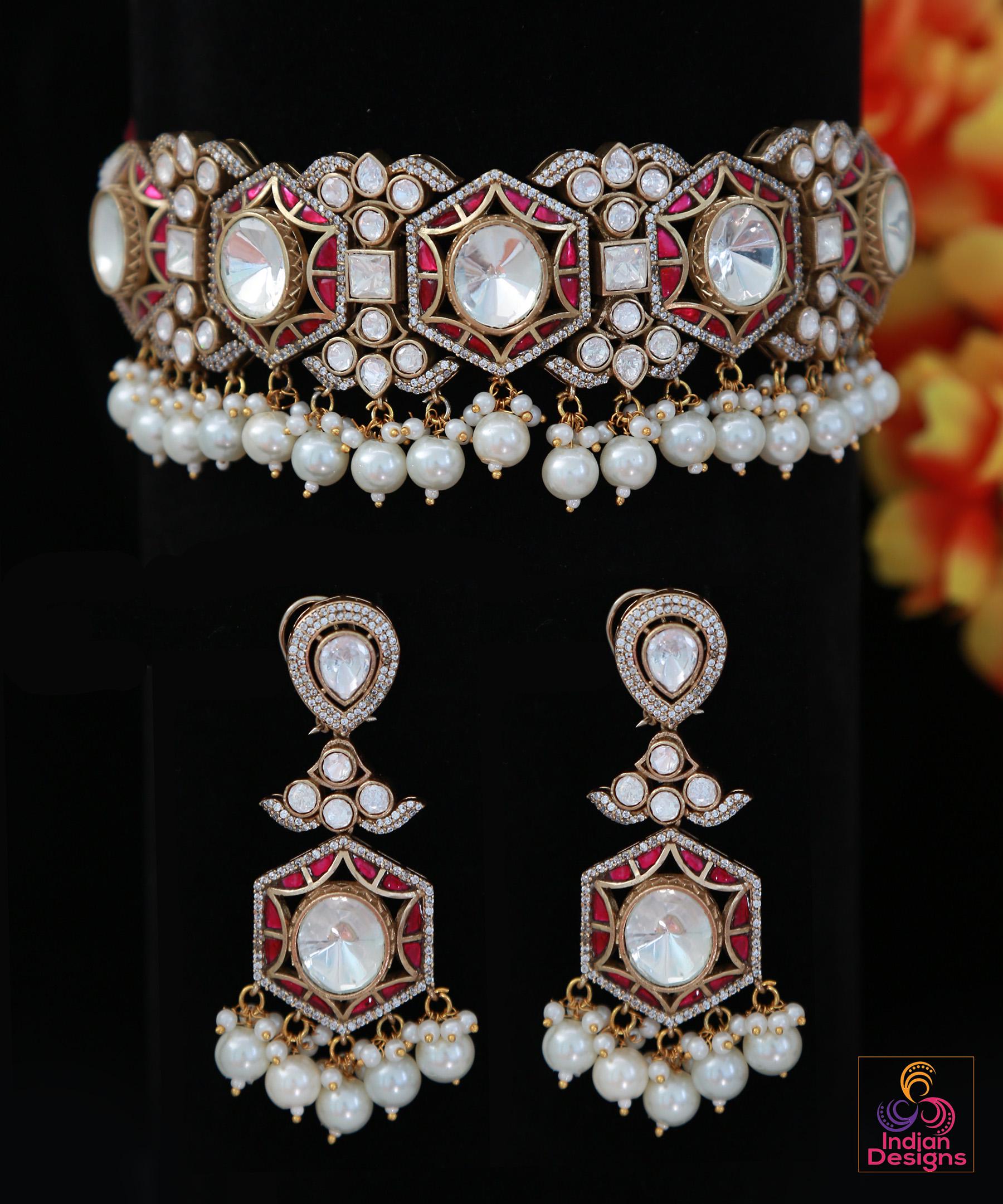 Victorian Finish AD choker Earrings set| Statement Wedding choker Necklace| American Diamond Bridal jewelry|Cz Diamond Necklace|Gift for her