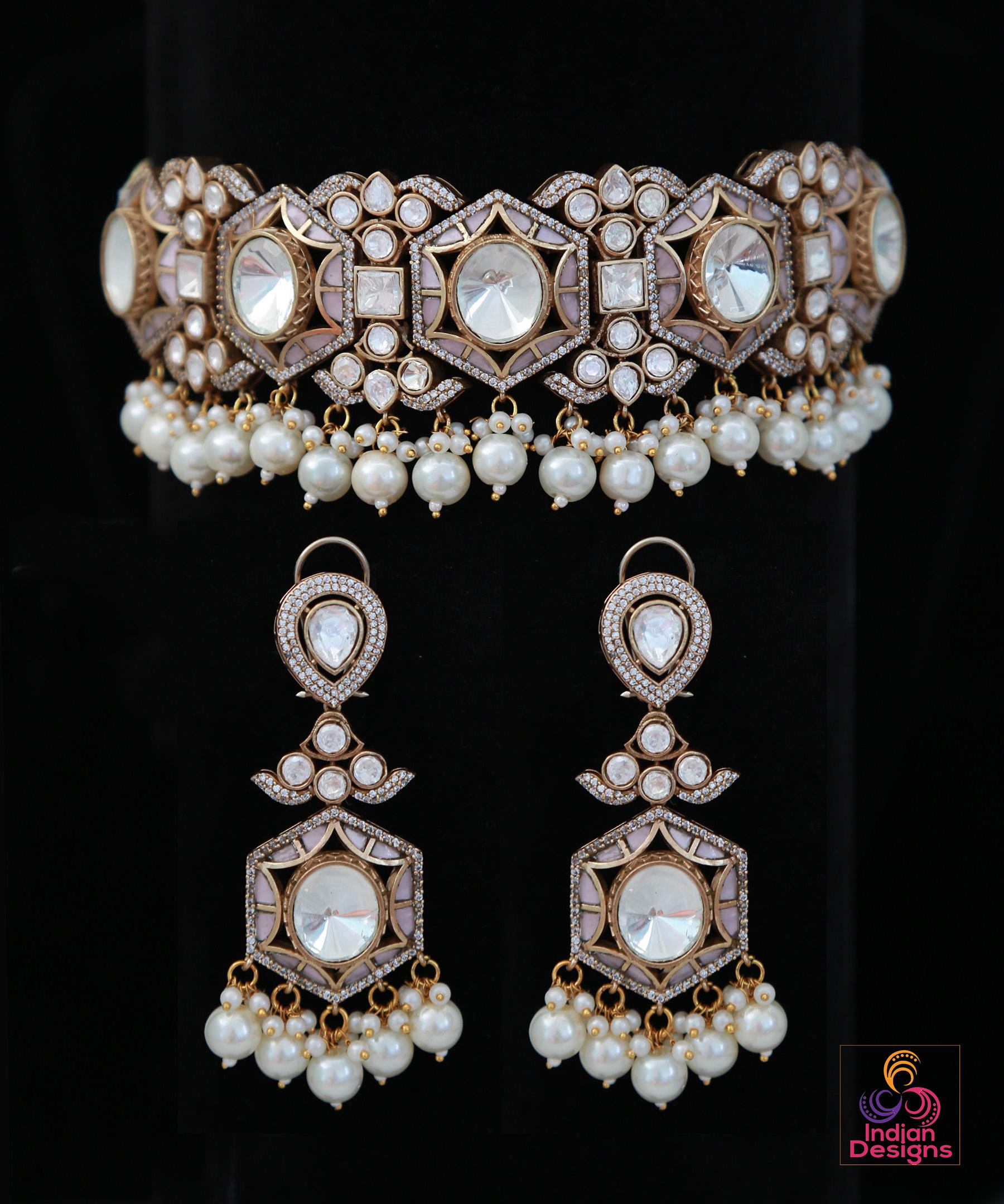 Victorian Finish AD choker Earrings set| Statement Wedding choker Necklace| American Diamond Bridal jewelry|Cz Diamond Necklace|Gift for her