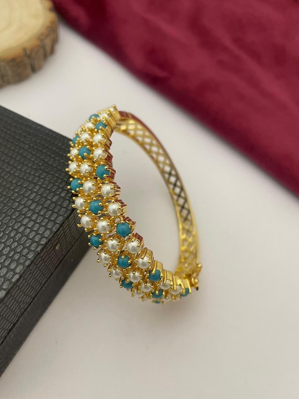 Multicolor Stone and Pearl Gold Plated Bangle Bracelet| Cuff Bracelet for Weddings| Gold Plated Real Pearl Bracelet with Ruby Emerald stone