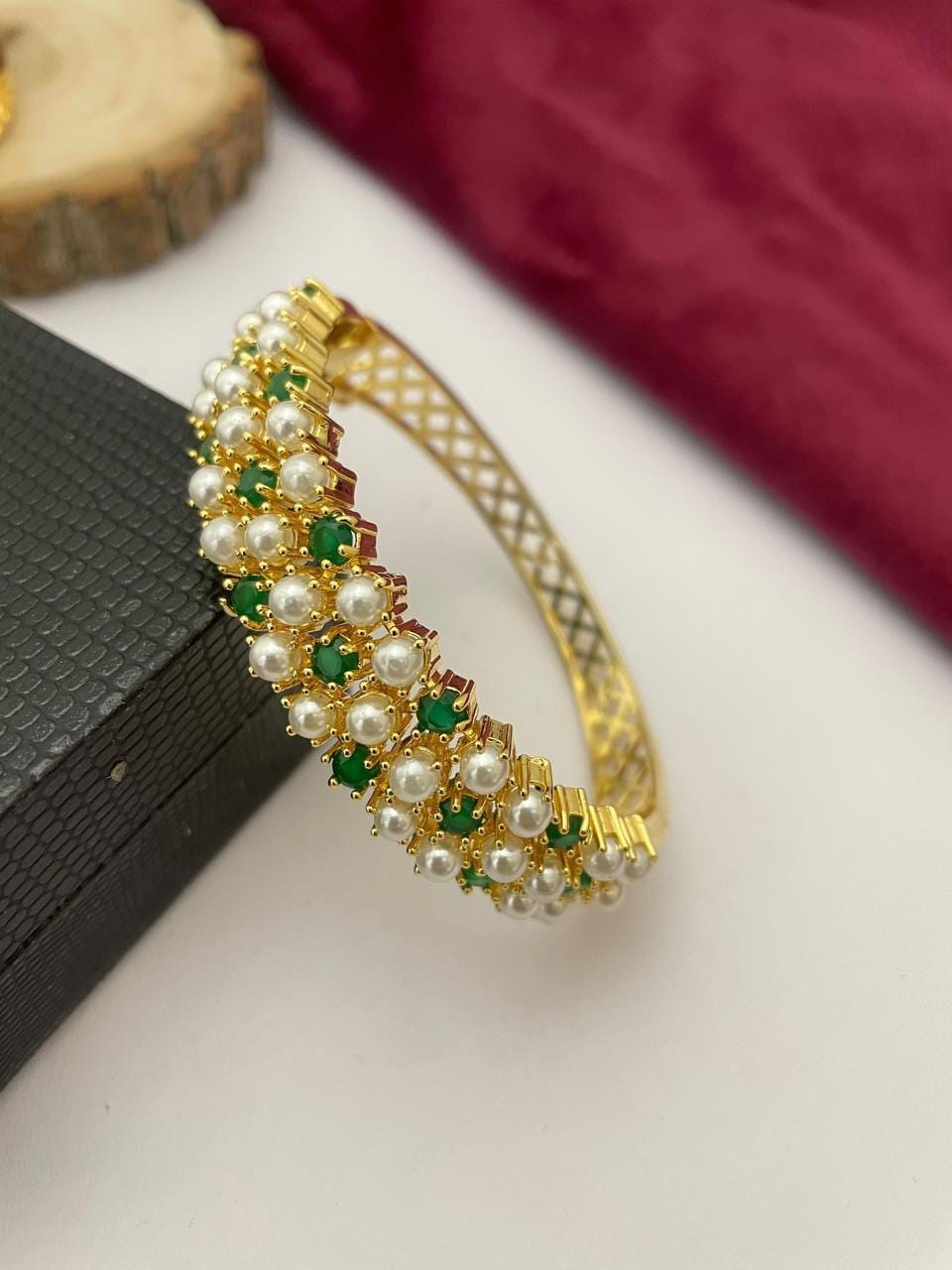 Multicolor Stone and Pearl Gold Plated Bangle Bracelet| Cuff Bracelet for Weddings| Gold Plated Real Pearl Bracelet with Ruby Emerald stone