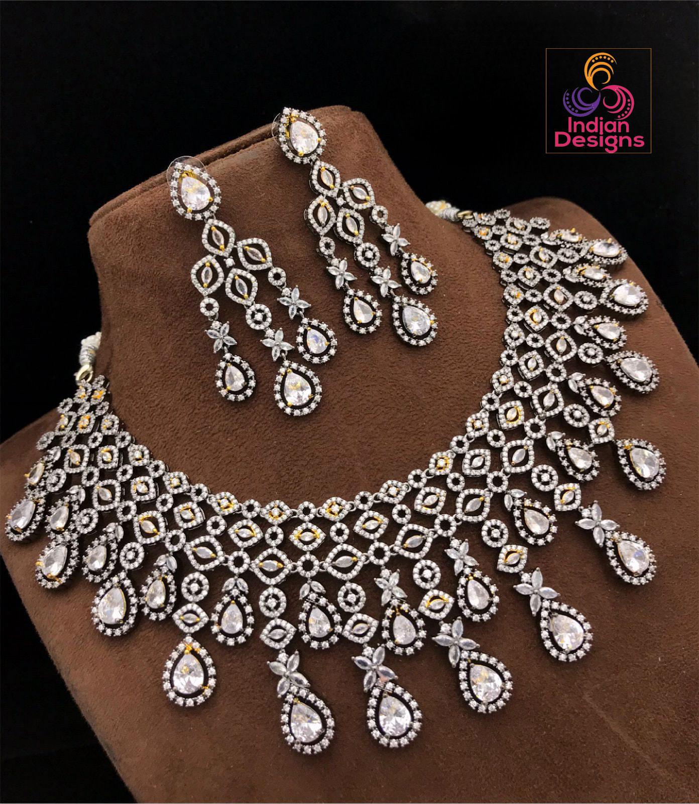 Luxury Victorian Finish American Diamond Wedding Jewelry | Statement Necklace | Indian Bollywood Style CZ Diamond Choker set | Gift for her