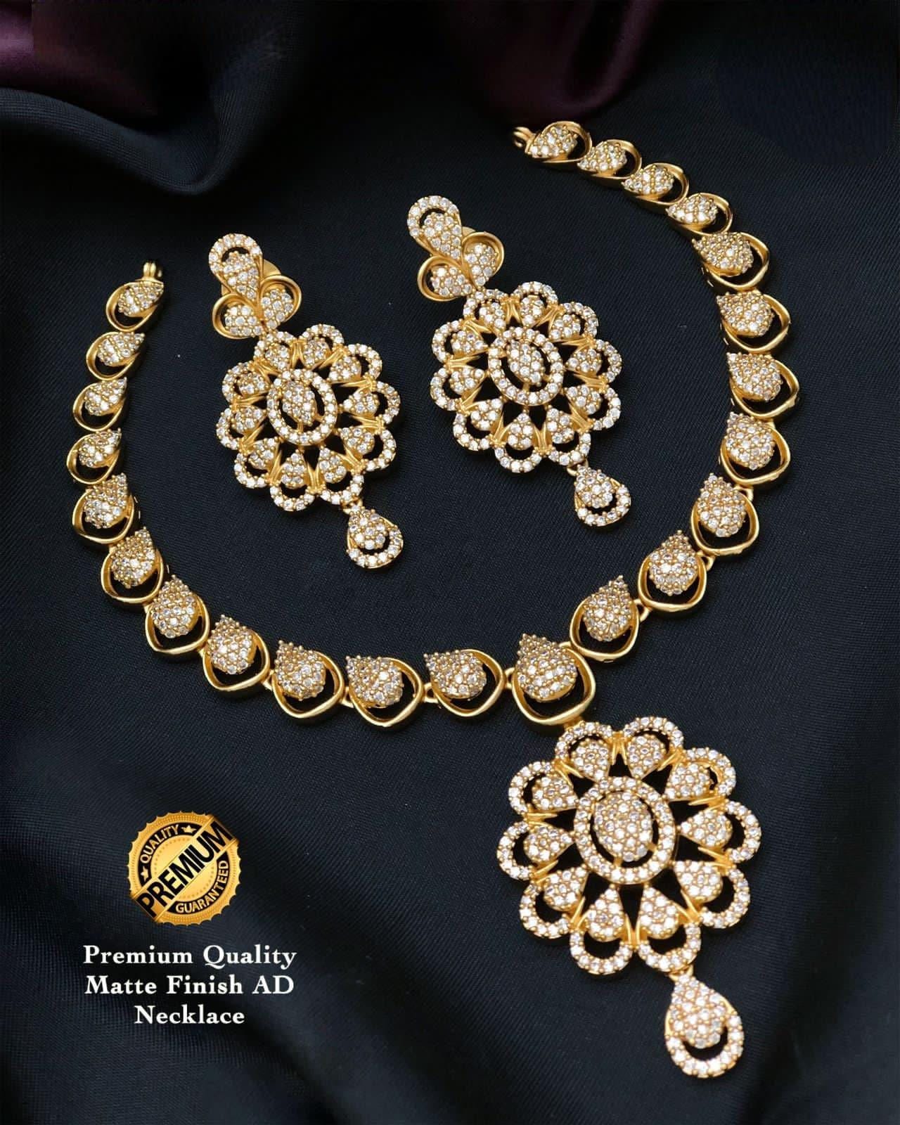 Antique Gold Matte polish American Diamond choker necklace Earring set | South Indian Style Ruby and Emerald Flower Design Wedding Jewelry