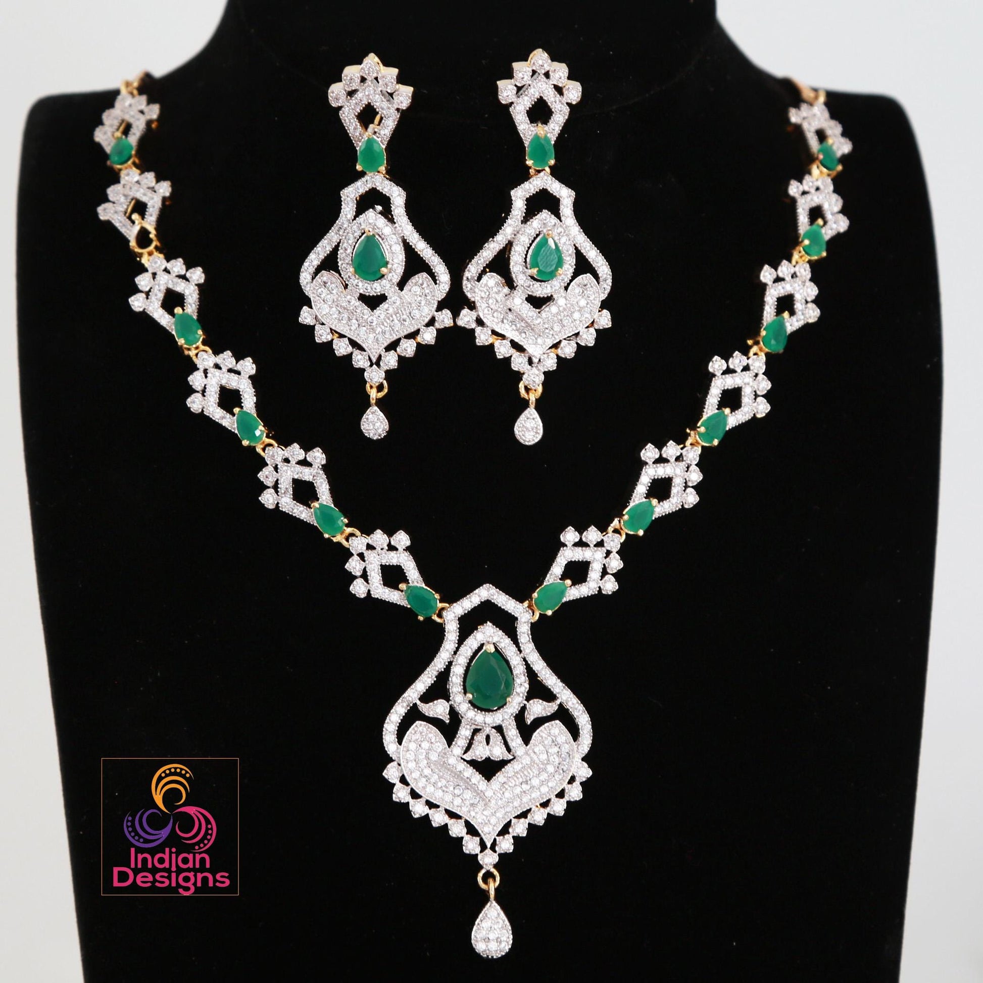 Beautiful American Diamond Necklace & Earrings| CZ Diamond Ruby Emerald Necklace| Party wear Jewelry| Fashion Wedding Necklace| Gift for her