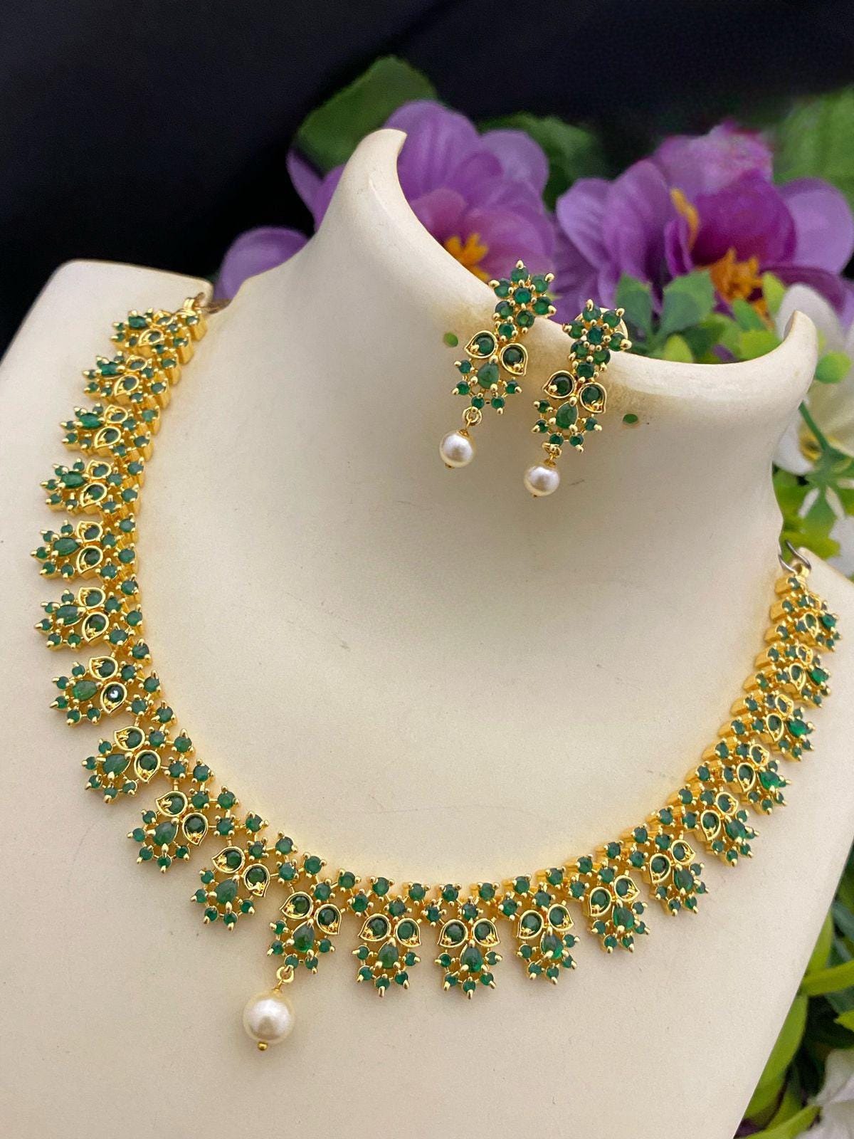 South Indian CZ Necklace jewelry design | American diamond choker necklace set | Gold tone emerald necklace | Ruby stone flower necklace