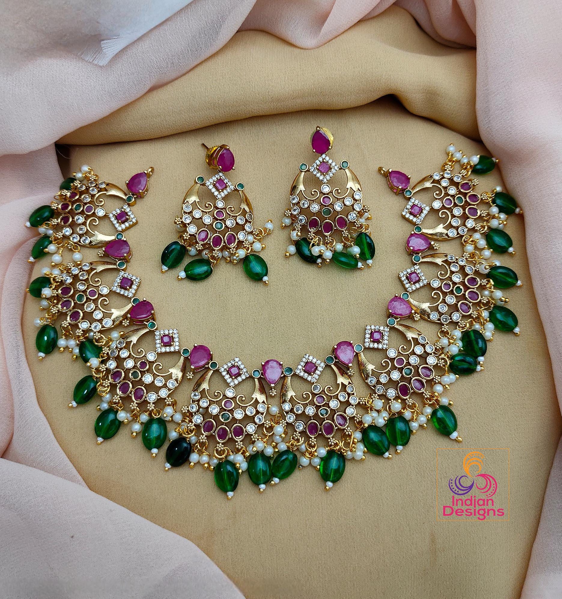 Exclusive Real Kemp stone South Indian Necklace |Matte Gold plated Crescent Moon Ruby green and Diamond stones South Indian Wedding Necklace