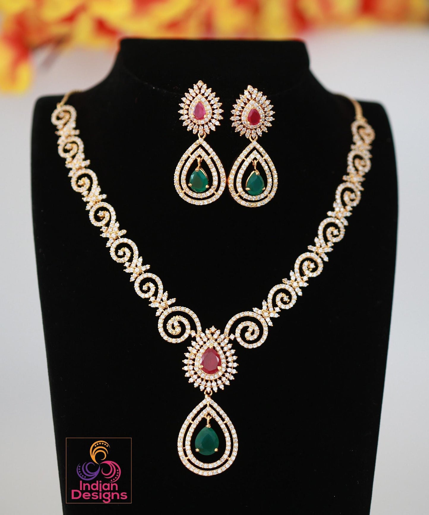 Gold Plated Ruby and Green American diamond necklace Earring set| Indian Designs Jewelry| Luxury bridal set| Tear drop Necklace|Gift for her