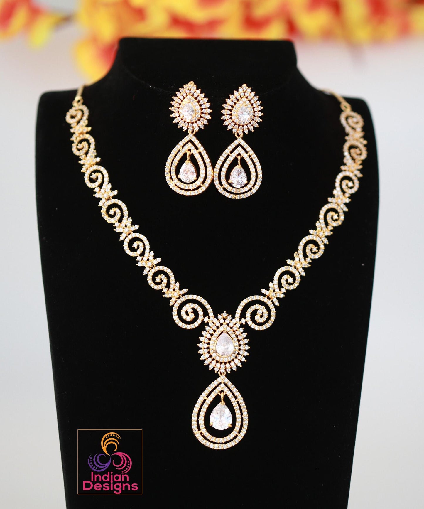 Gold Plated Ruby and Green American diamond necklace Earring set| Indian Designs Jewelry| Luxury bridal set| Tear drop Necklace|Gift for her