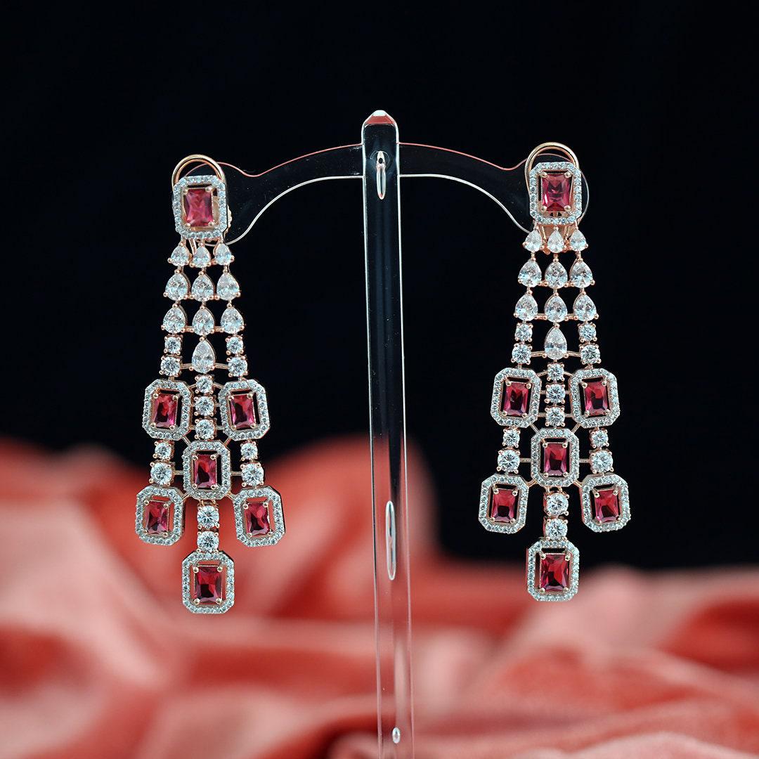Bridal Chandelier Earrings| Emerald Cut Crystal Dangle Earrings| Statement Indian Wedding Jewelry| Ruby Blue Sapphire Pink Drop Earrings