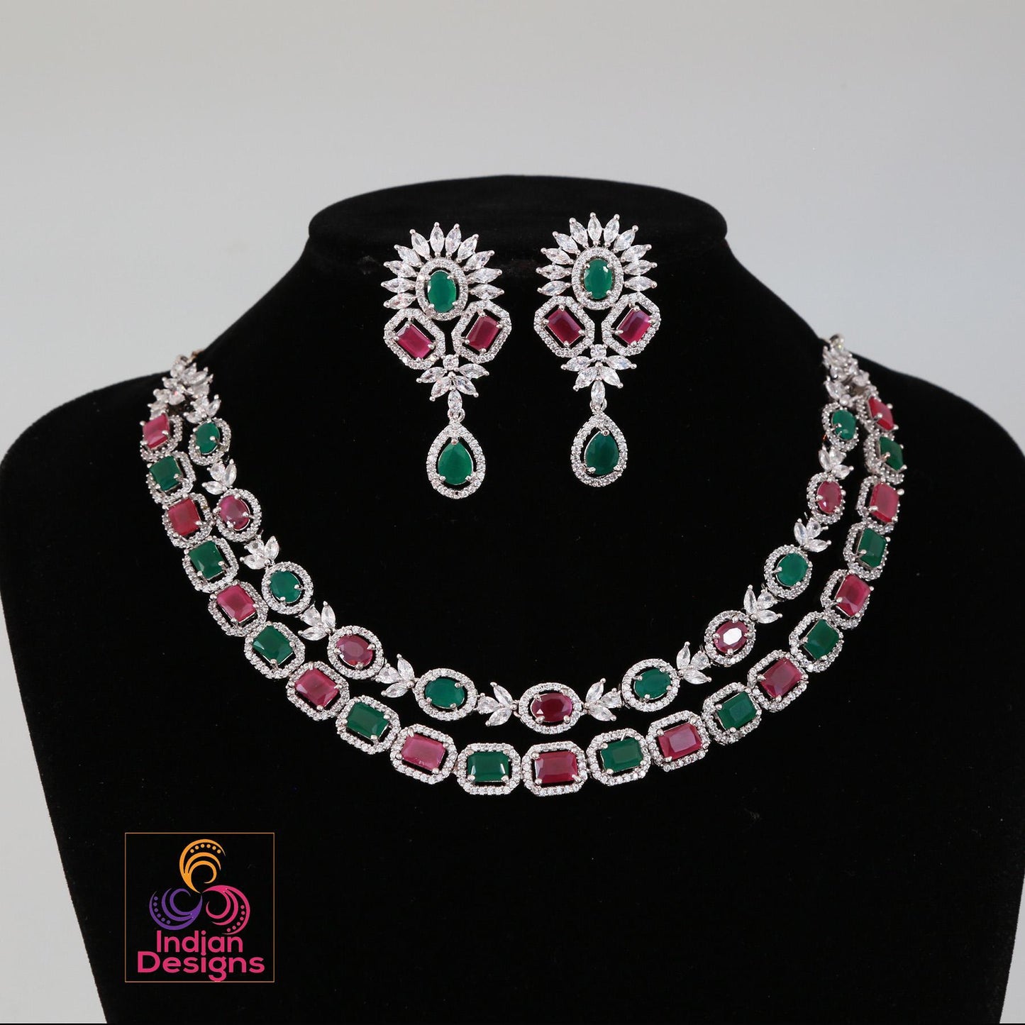 American Diamond Double line necklace set| CZ stone Party Wear Jewelry| Indian Wedding party wear jewelry| Statement Jewelry Indian Designs