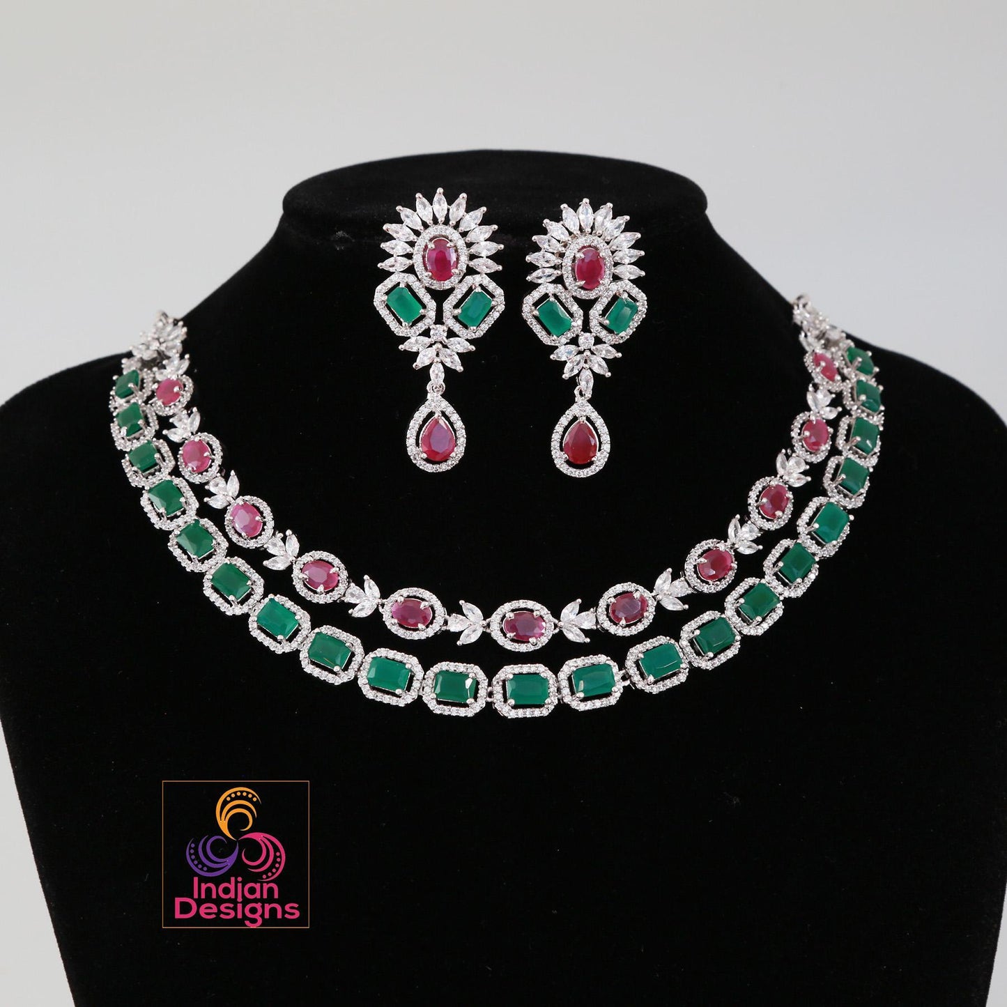 American Diamond Double line necklace set| CZ stone Party Wear Jewelry| Indian Wedding party wear jewelry| Statement Jewelry Indian Designs