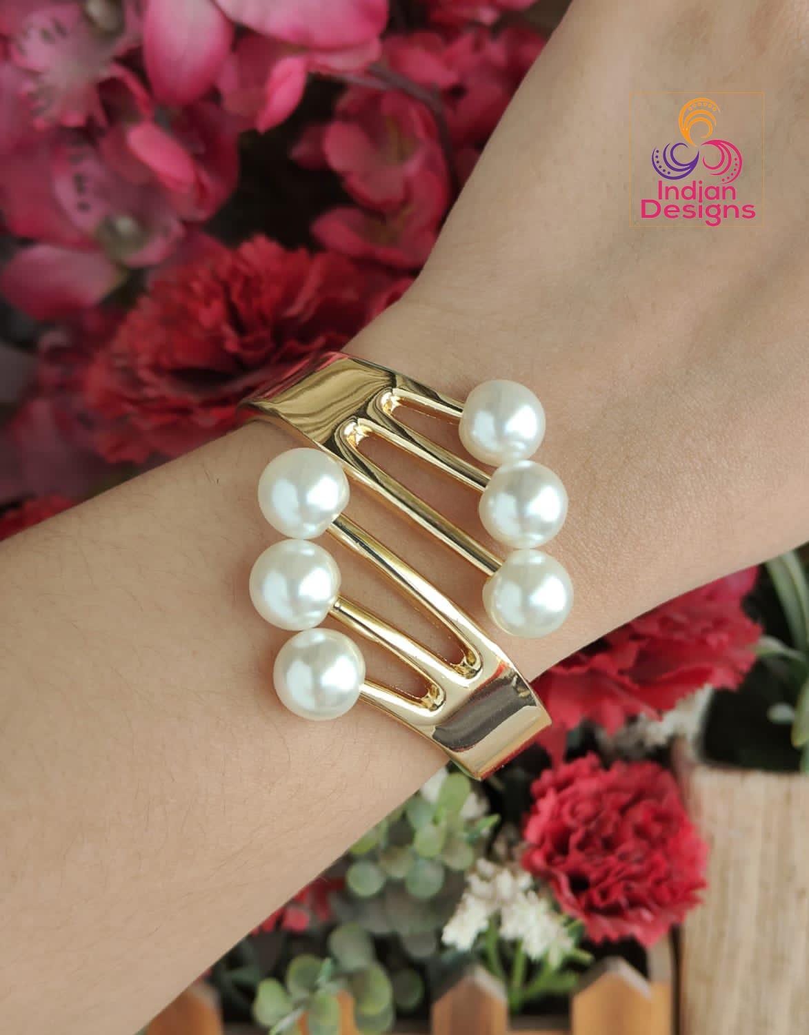 Openable Pearl Gold Bangle Set – Adjustable Cuff Bracelets with Pearl Beads –Party Bangles with Pearls| Minimalist Pearl Bangles| gift 4 her