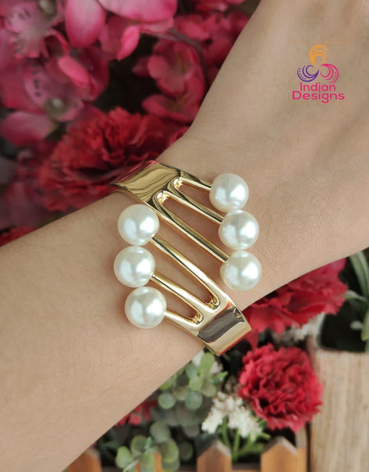 Openable Pearl Gold Bangle Set – Adjustable Cuff Bracelets with Pearl Beads –Party Bangles with Pearls| Minimalist Pearl Bangles| gift 4 her