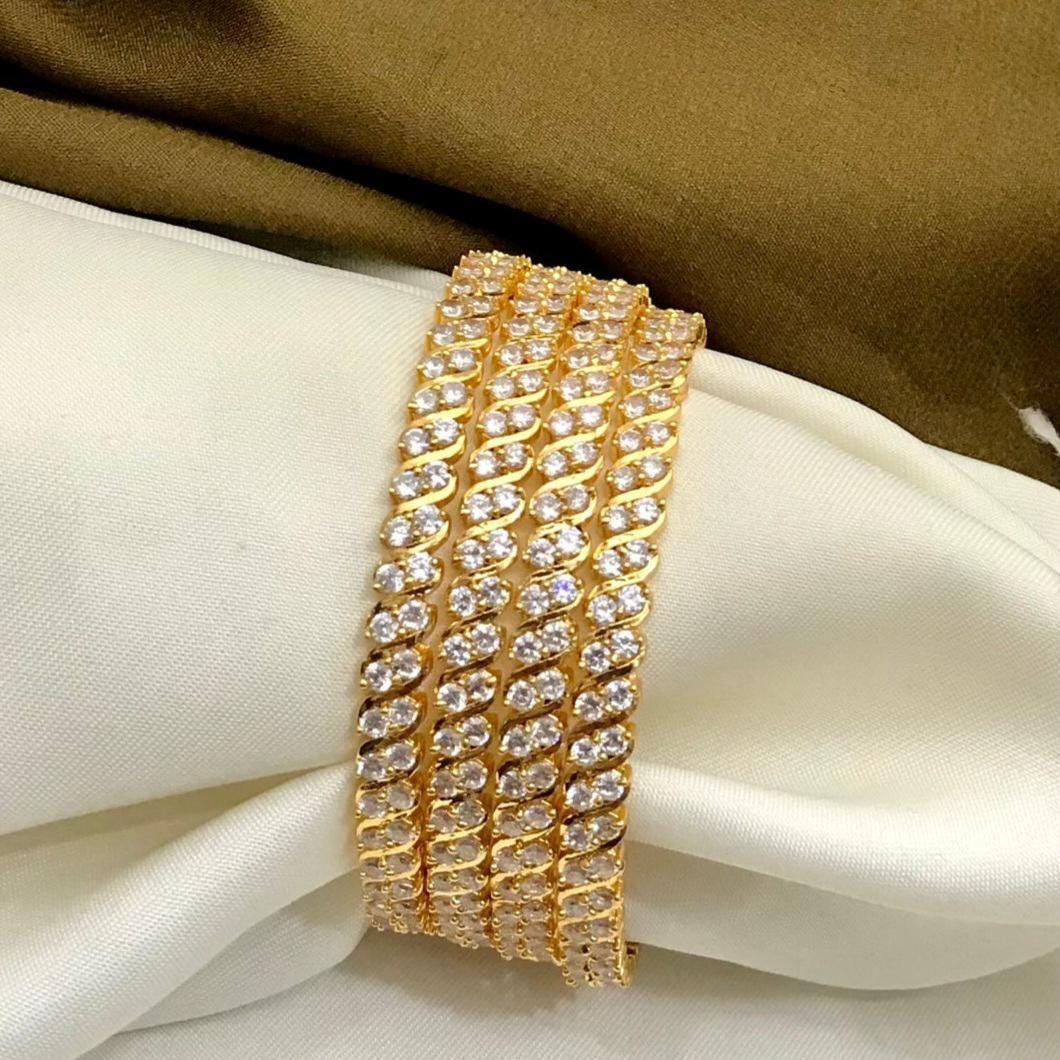 Gold Plated Daily Wear CZ White stone Bangles-set of 4| American Diamond Party wear bangle set| Traditional Indian style Bangles|Gift forher