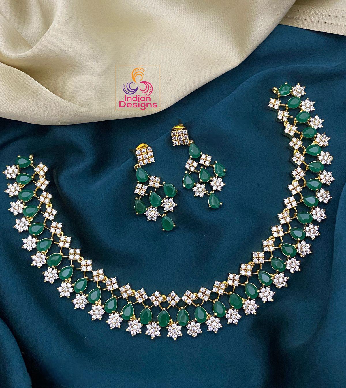 American Diamond Crystal necklace earring set | CZ Star diamond necklace design | Indian wedding bridal choker | Multi Colored stone jewelry