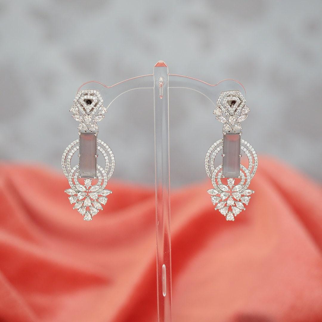 Rectangle Shape White Zircon Rhodium Plated Drop Dangle Wedding Jewelry|American Diamond Earrings|Bridesmaid Gift|Women's Fashion Jewelry