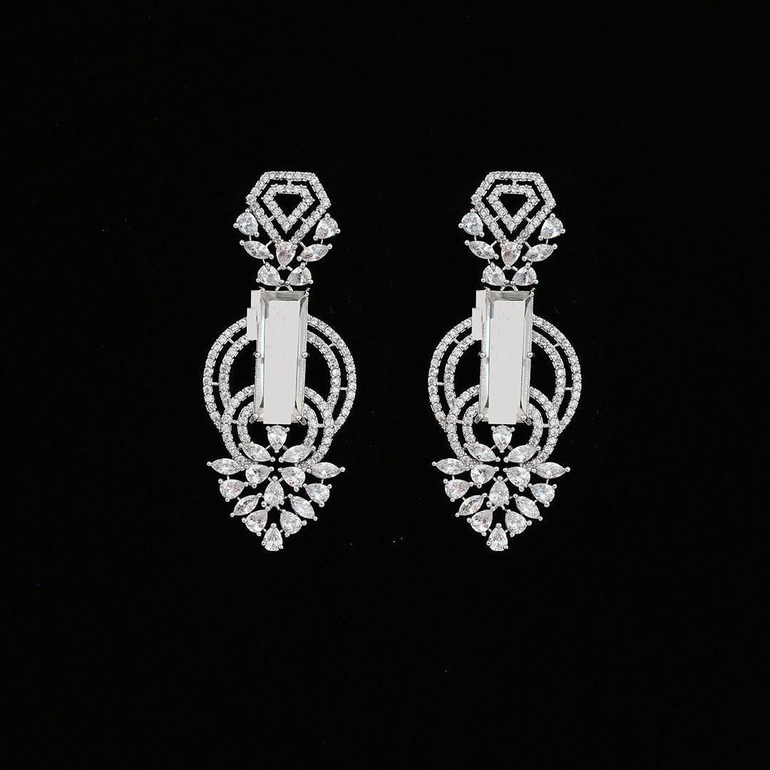 Rectangle Shape White Zircon Rhodium Plated Drop Dangle Wedding Jewelry|American Diamond Earrings|Bridesmaid Gift|Women's Fashion Jewelry