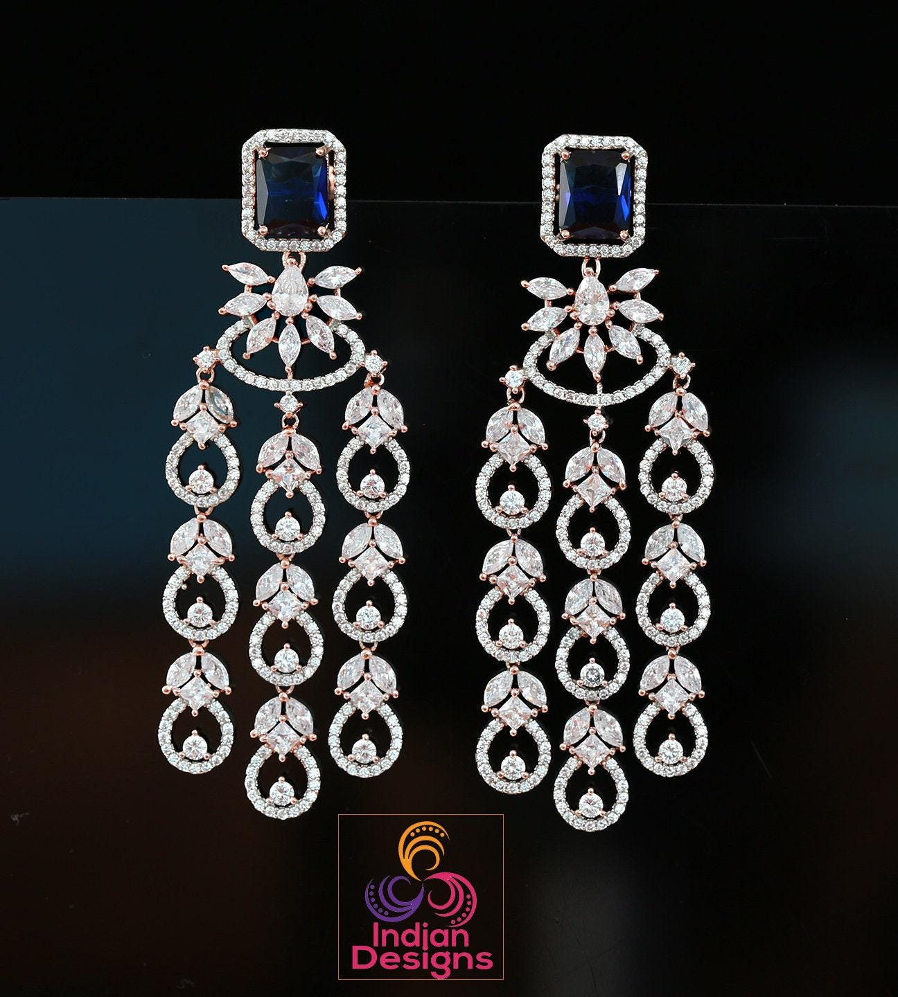 Rose gold American diamond earrings | Mint green earrings dangle Indian Bollywood style | Marquise diamond 3 strand earrings | IndianDesigns