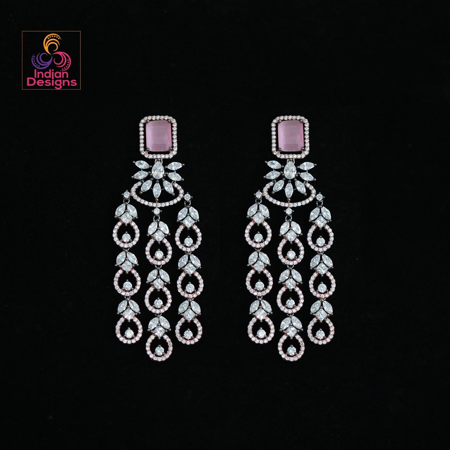 Rose gold American diamond earrings | Mint green earrings dangle Indian Bollywood style | Marquise diamond 3 strand earrings | IndianDesigns