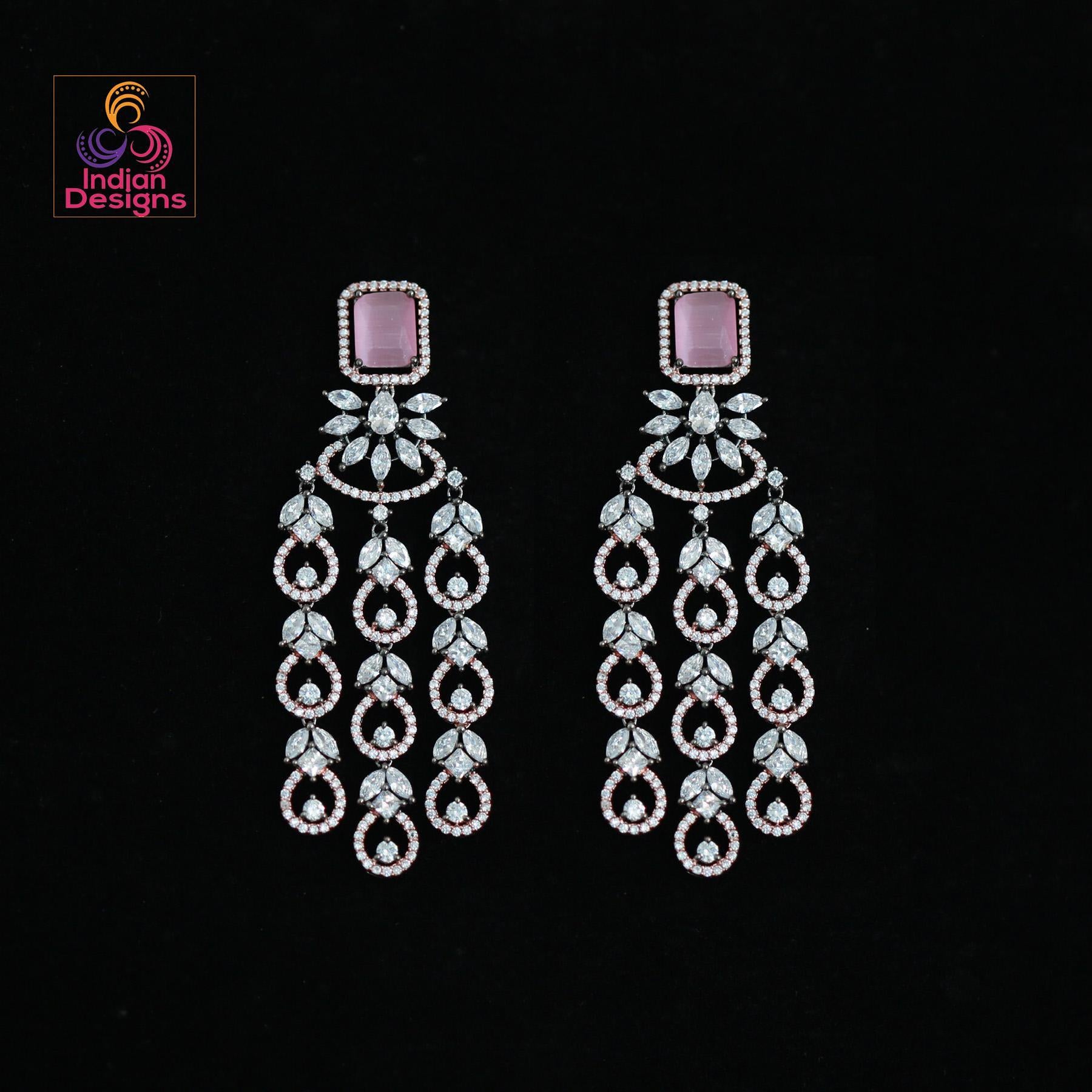 Rose gold American diamond earrings | Mint green earrings dangle Indian Bollywood style | Marquise diamond 3 strand earrings | IndianDesigns