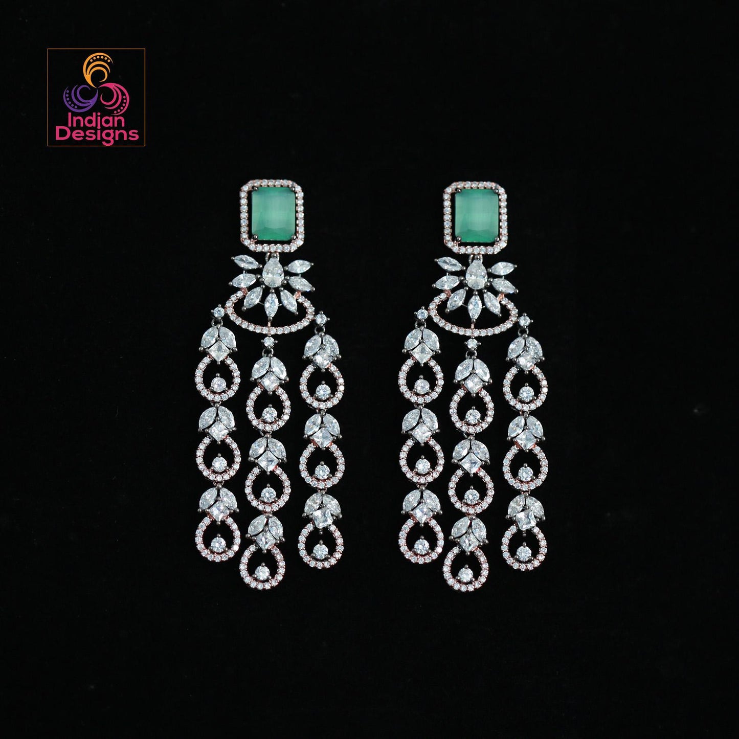 Rose gold American diamond earrings | Mint green earrings dangle Indian Bollywood style | Marquise diamond 3 strand earrings | IndianDesigns