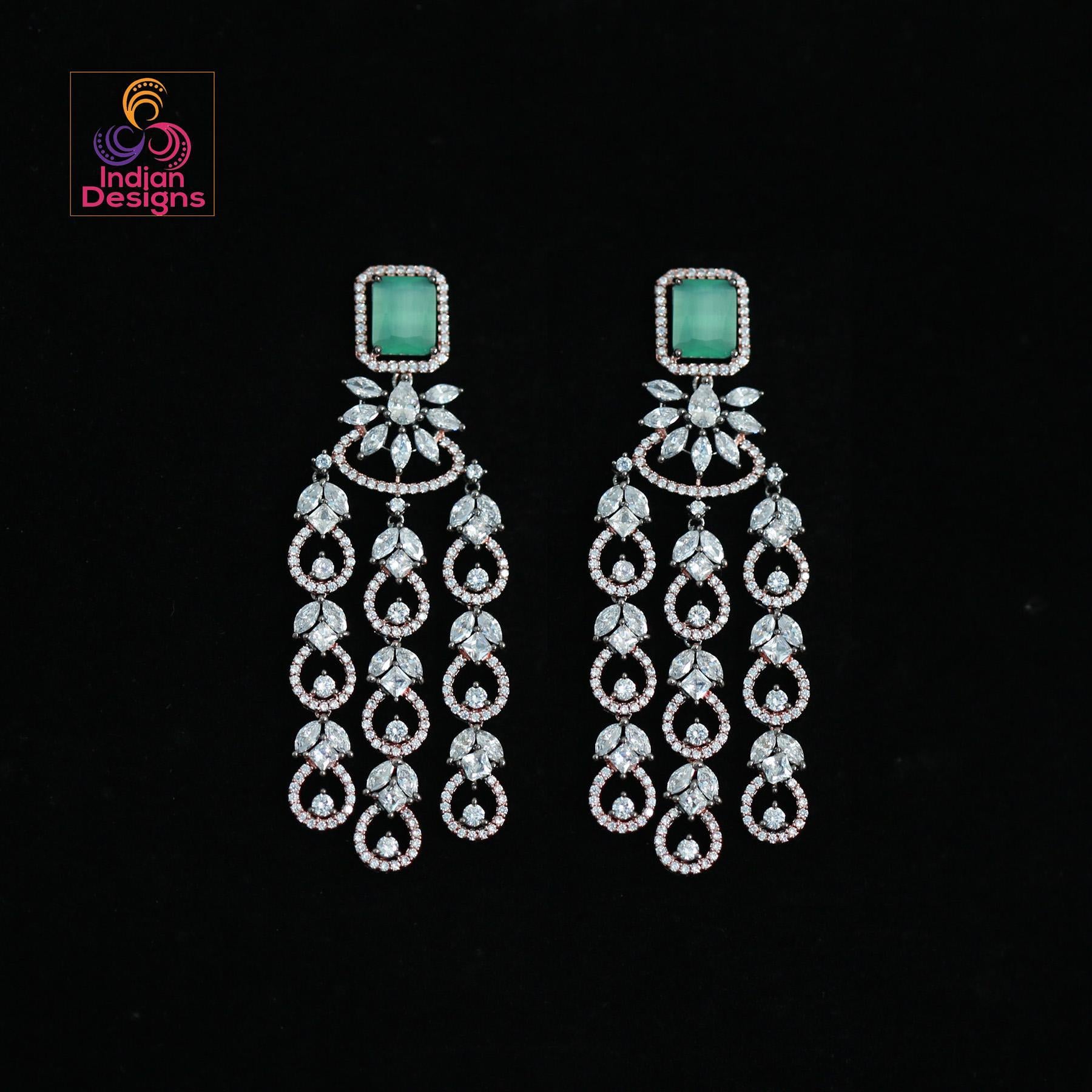 Rose gold American diamond earrings | Mint green earrings dangle Indian Bollywood style | Marquise diamond 3 strand earrings | IndianDesigns