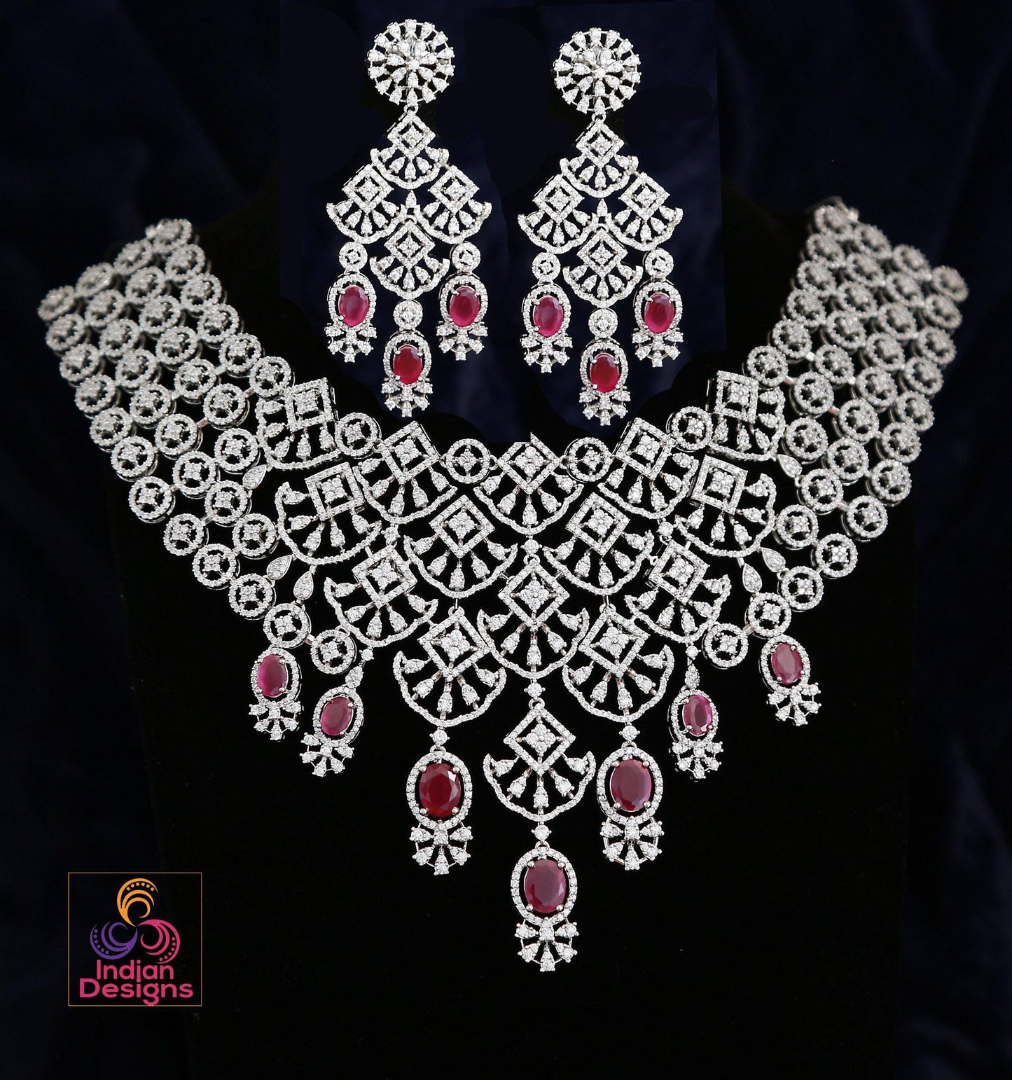 American Diamond Gold Plated CZ Necklace Set| Ruby Emerald Green Stone Choker| Floral Motif Jewelry| Traditional Indian Wedding Party Wear
