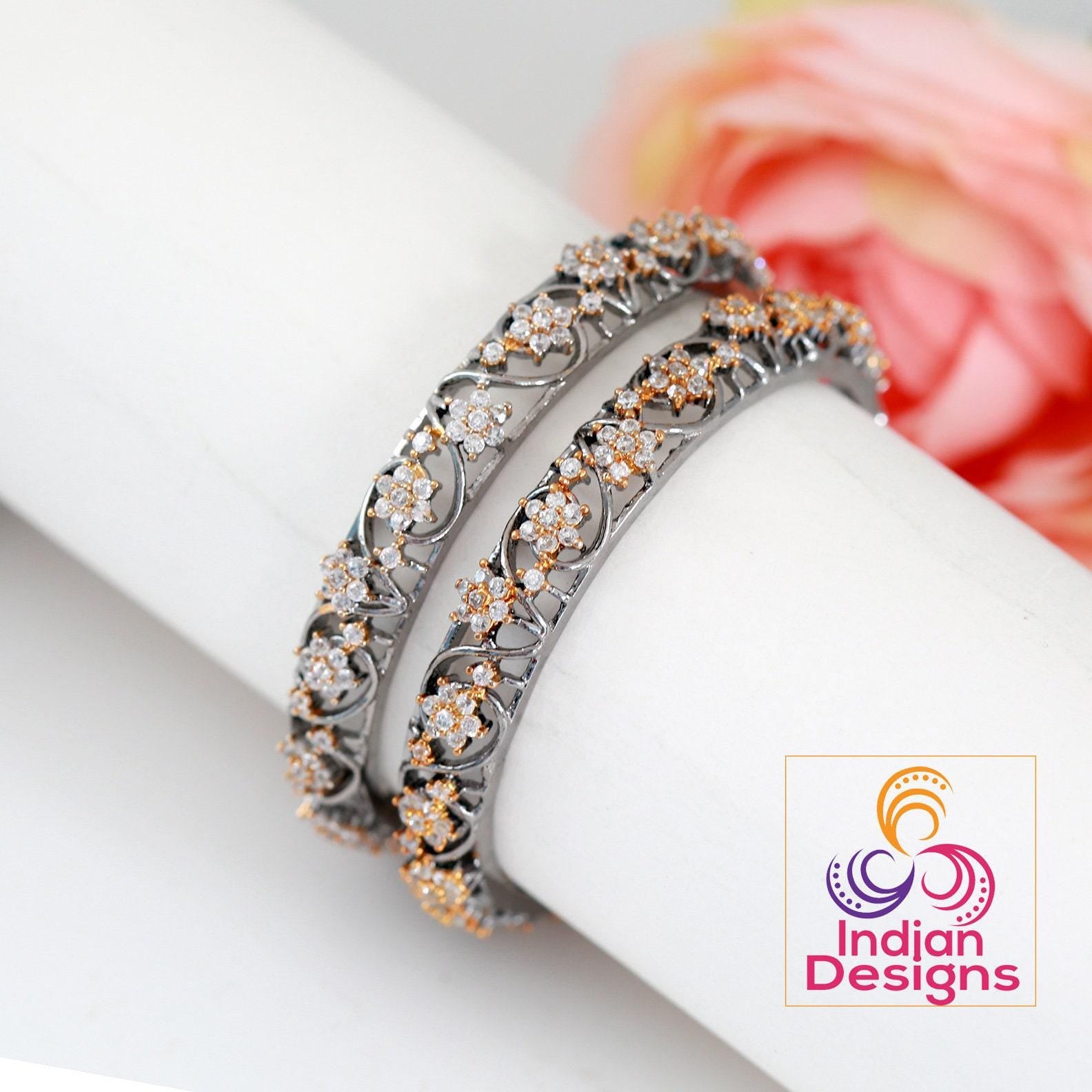 2.10 Size Oxidized bangles set |Oxidized finish American Diamond Bracelet Bangles|Beautiful floral design bangles Oxidized tone|Gift for her