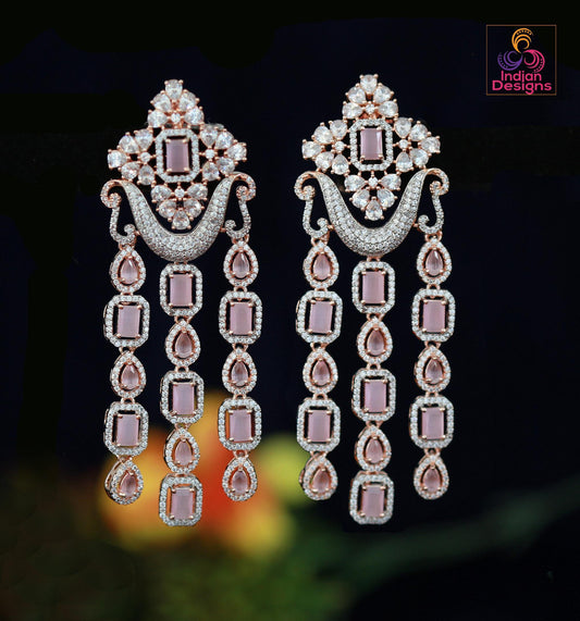 Long AD Earrings| Indian Bridal Dangle Earrings| Statement Party Jewelry| Available in Blue, Pink, Mint Green, & White Stones| Gift for her