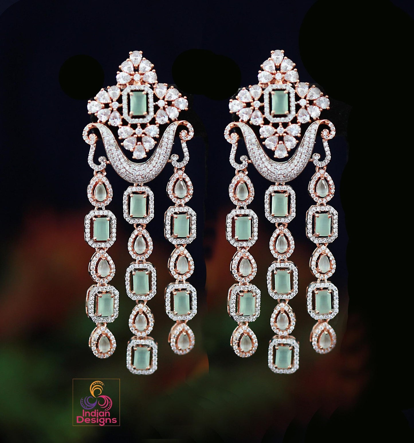 Long AD Earrings| Indian Bridal Dangle Earrings| Statement Party Jewelry| Available in Blue, Pink, Mint Green, & White Stones| Gift for her