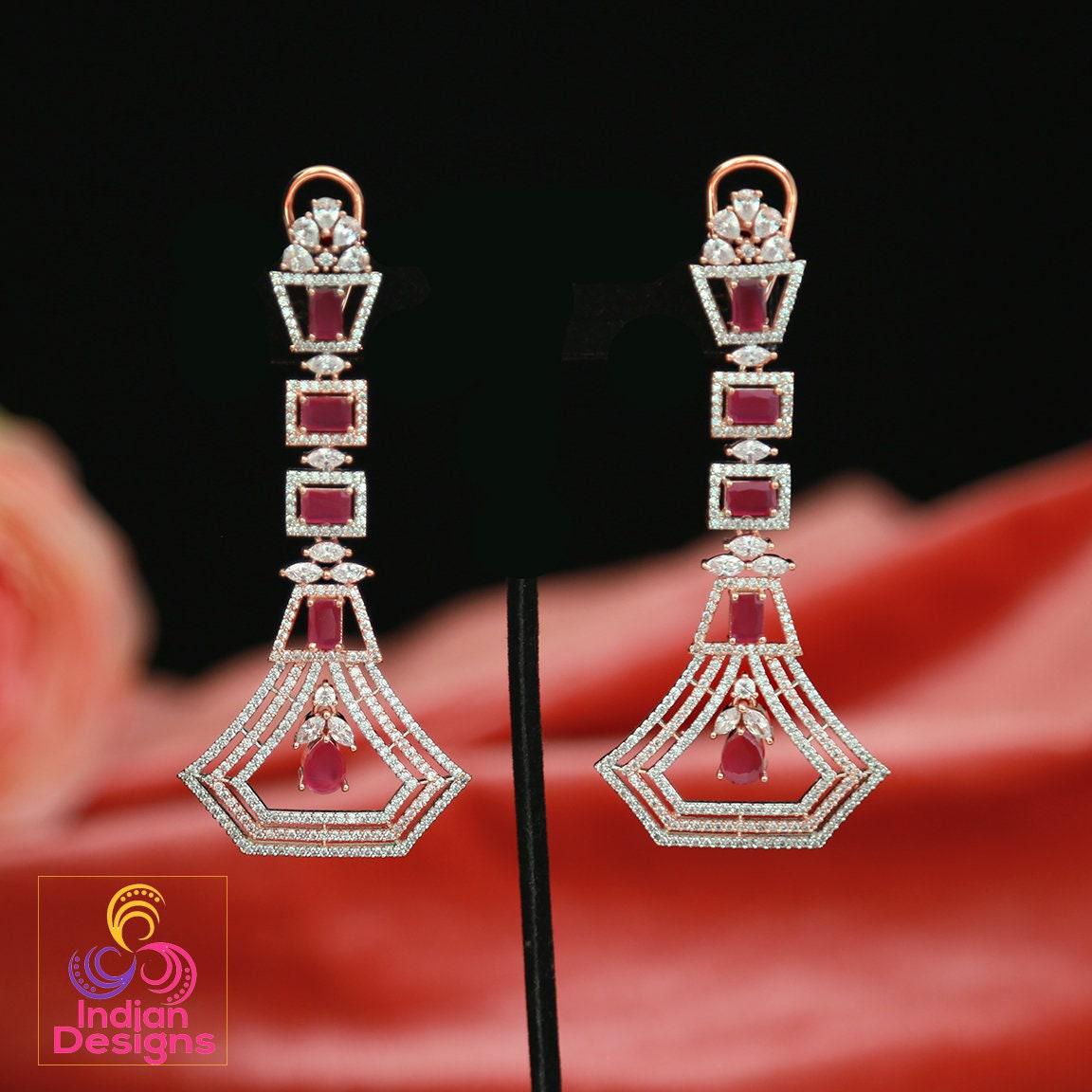 Rose Gold American Diamond chandelier earrings| Elegant Statement Earrings for wedding| Indian Wedding CZ AD Crystal Earrings| Gift for her
