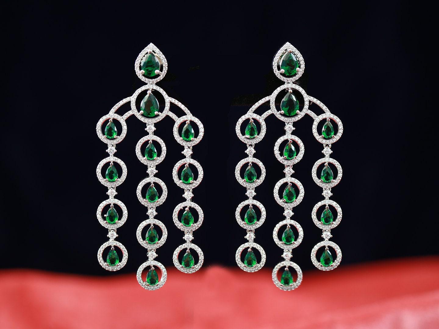 Crystal chandelier earrings for wedding | Silver teardrop dangle earrings | Cz bridal chandelier earrings | Triple strand long drop earrings