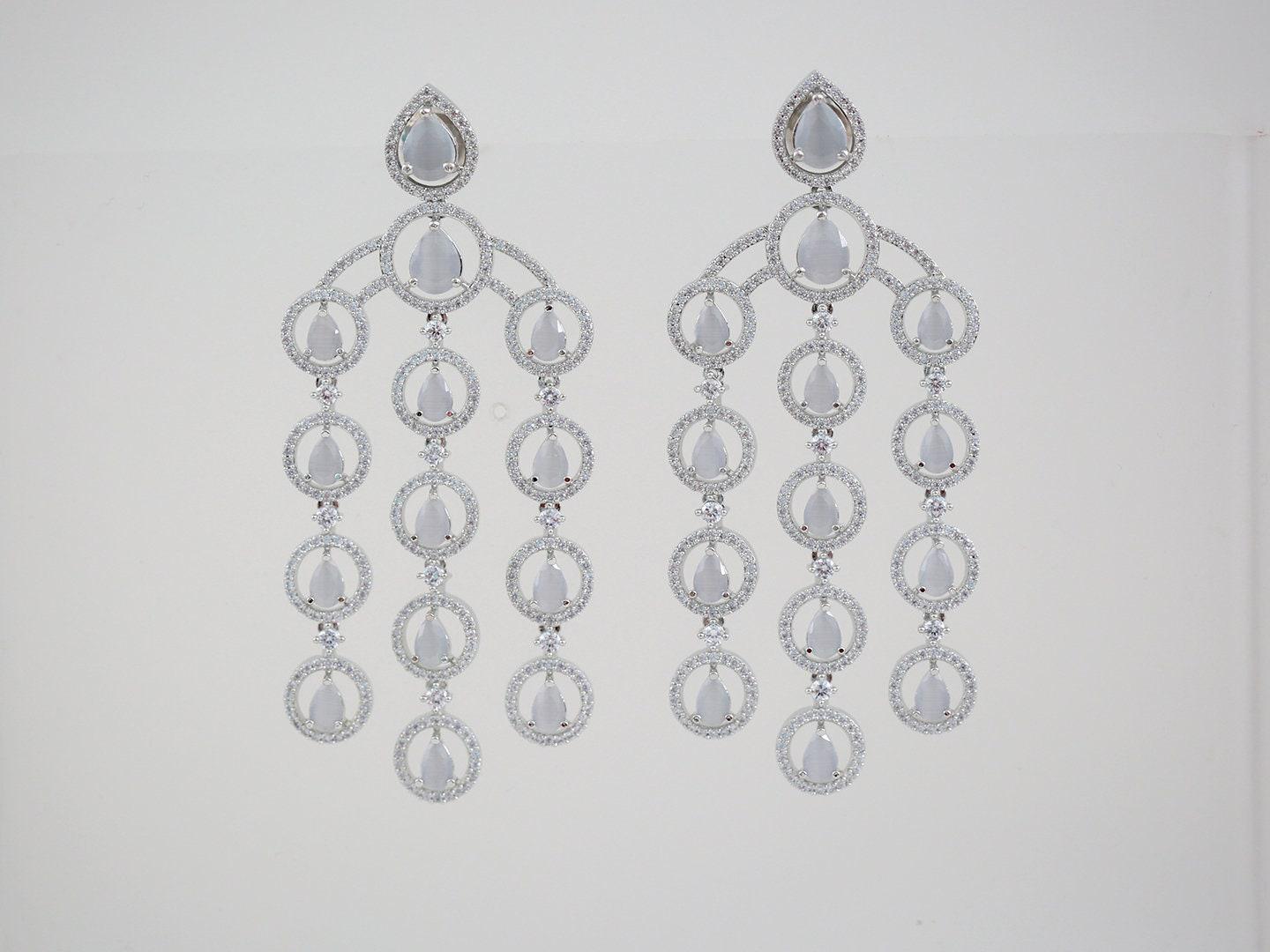 Crystal chandelier earrings for wedding | Silver teardrop dangle earrings | Cz bridal chandelier earrings | Triple strand long drop earrings