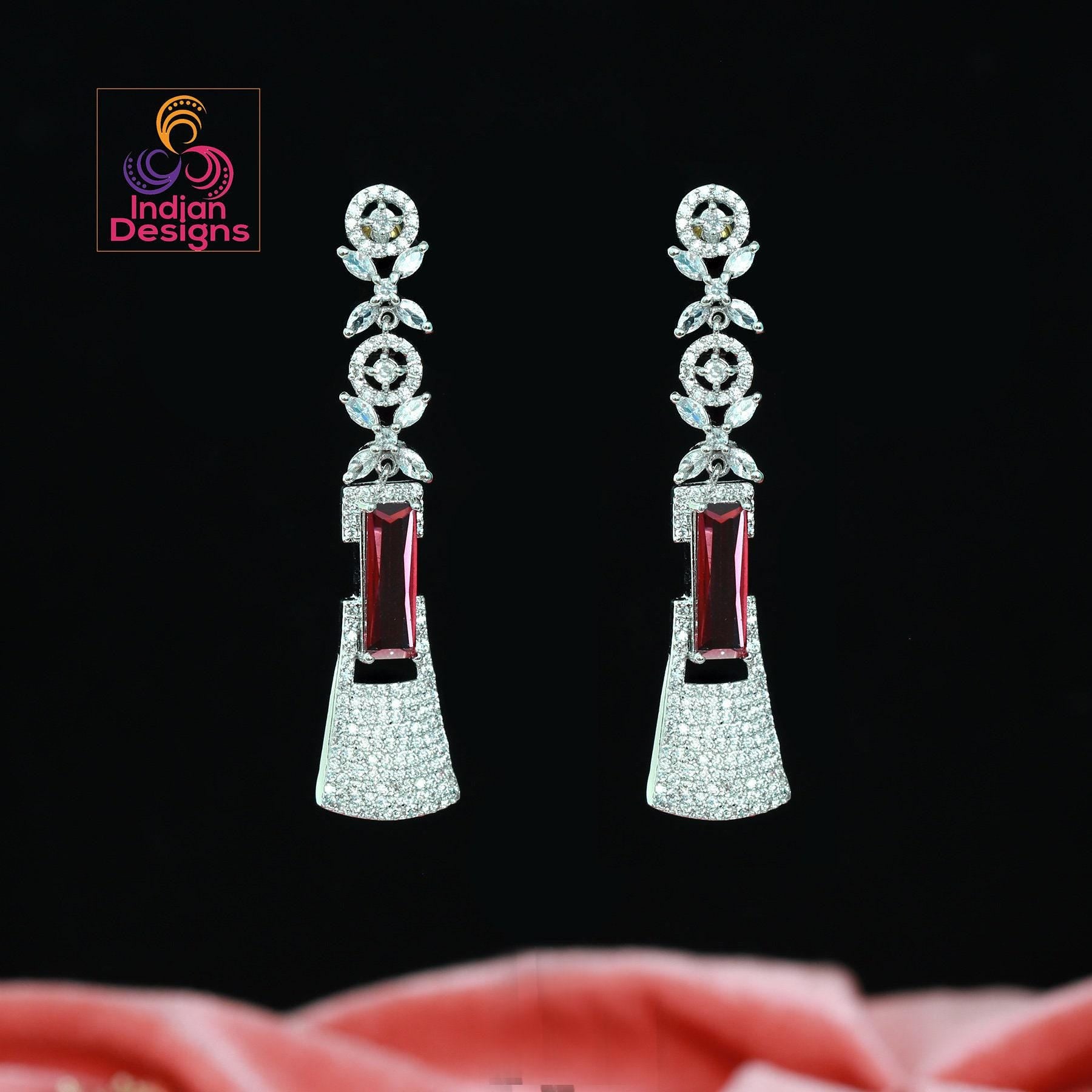 Silver polish cz diamond drop dangle earrings | rose gold american diamond designer party earrings | crystal collection earrings bridesmaid