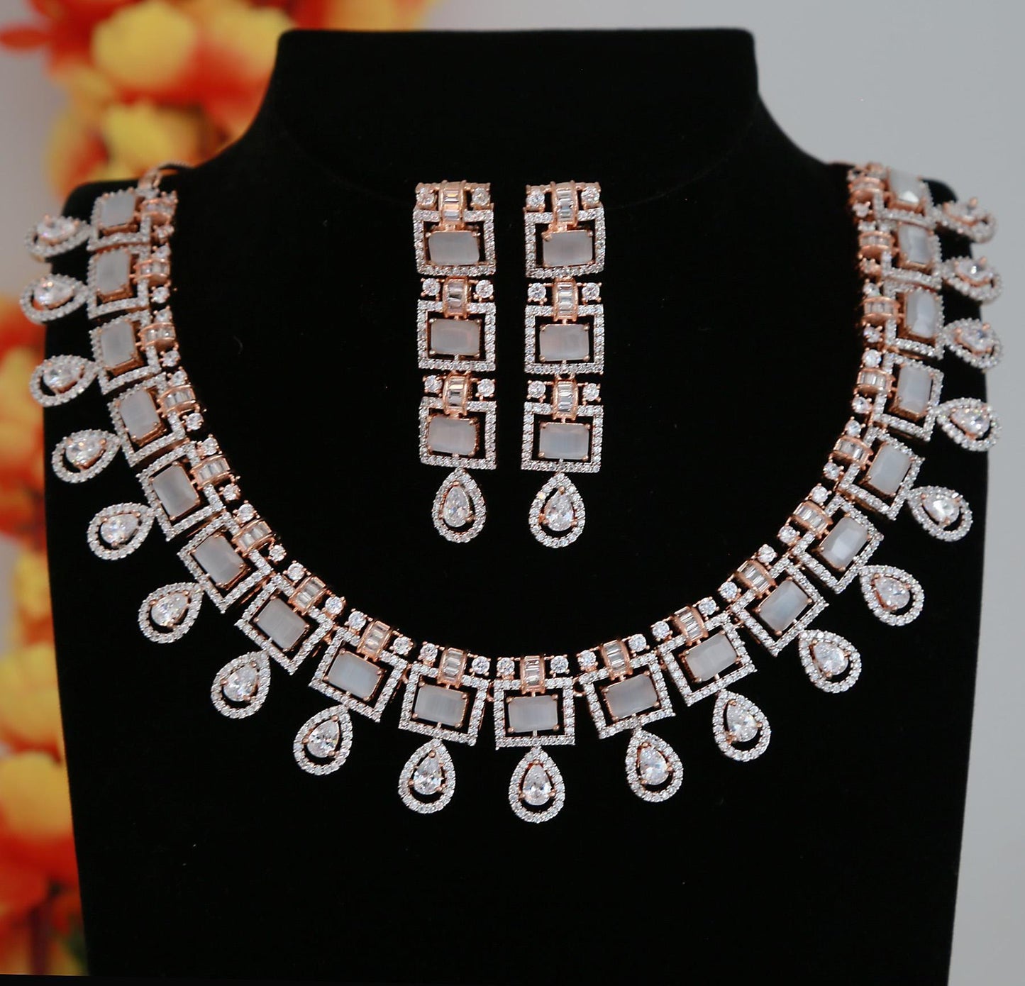 Elegant Rose Gold-Plated Necklace Set with Pink Square Stones and CZ Stones| Statement Wedding & Party Wear Necklace with Matching Earrings