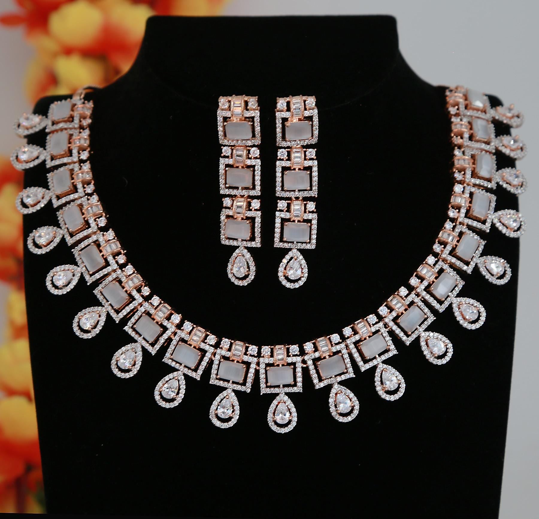 Elegant Rose Gold-Plated Necklace Set with Pink Square Stones and CZ Stones| Statement Wedding & Party Wear Necklace with Matching Earrings