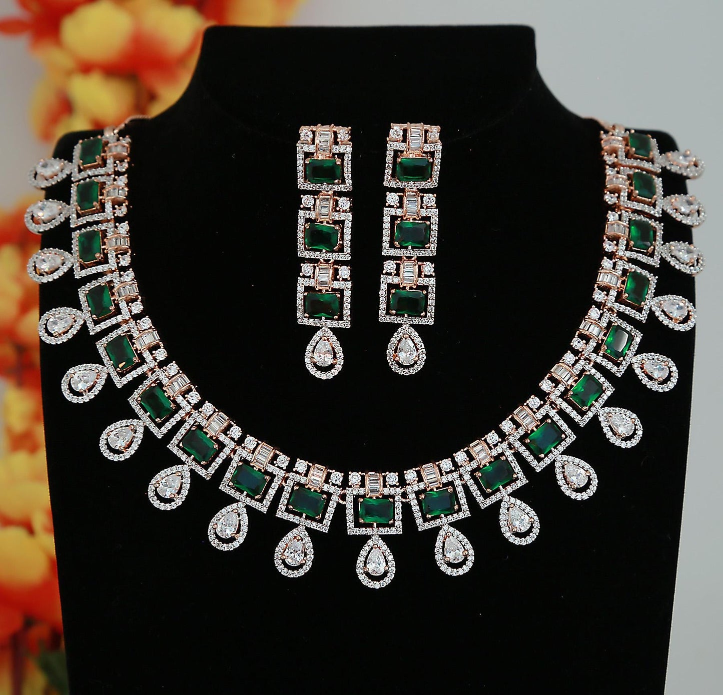 Elegant Rose Gold-Plated Necklace Set with Pink Square Stones and CZ Stones| Statement Wedding & Party Wear Necklace with Matching Earrings