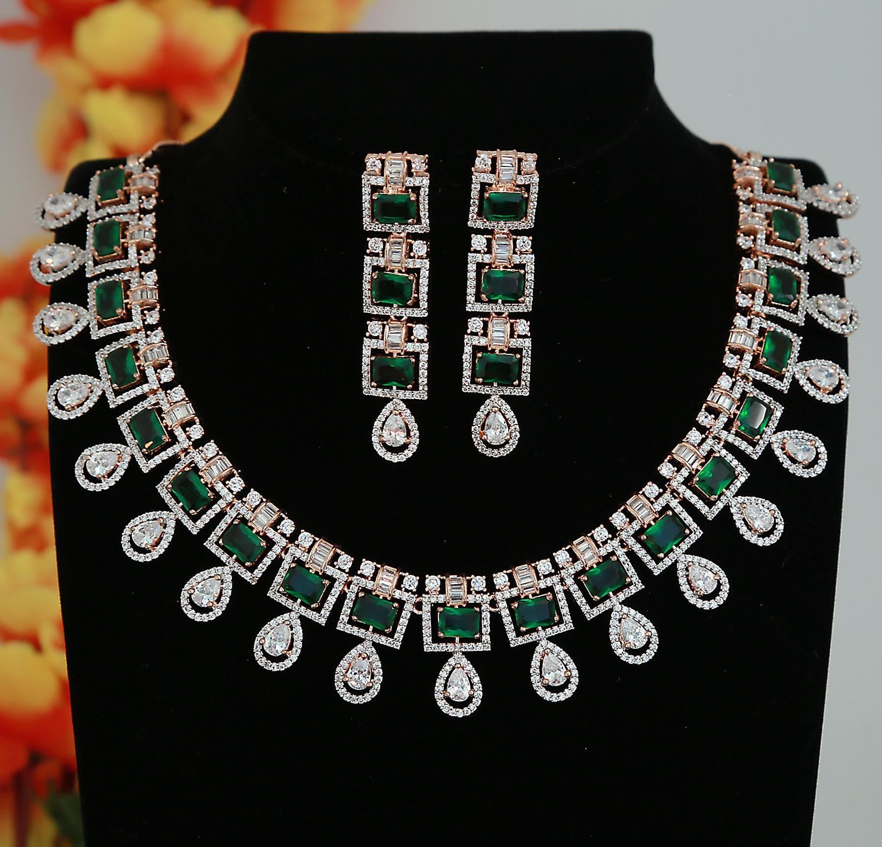 Elegant Rose Gold-Plated Necklace Set with Pink Square Stones and CZ Stones| Statement Wedding & Party Wear Necklace with Matching Earrings